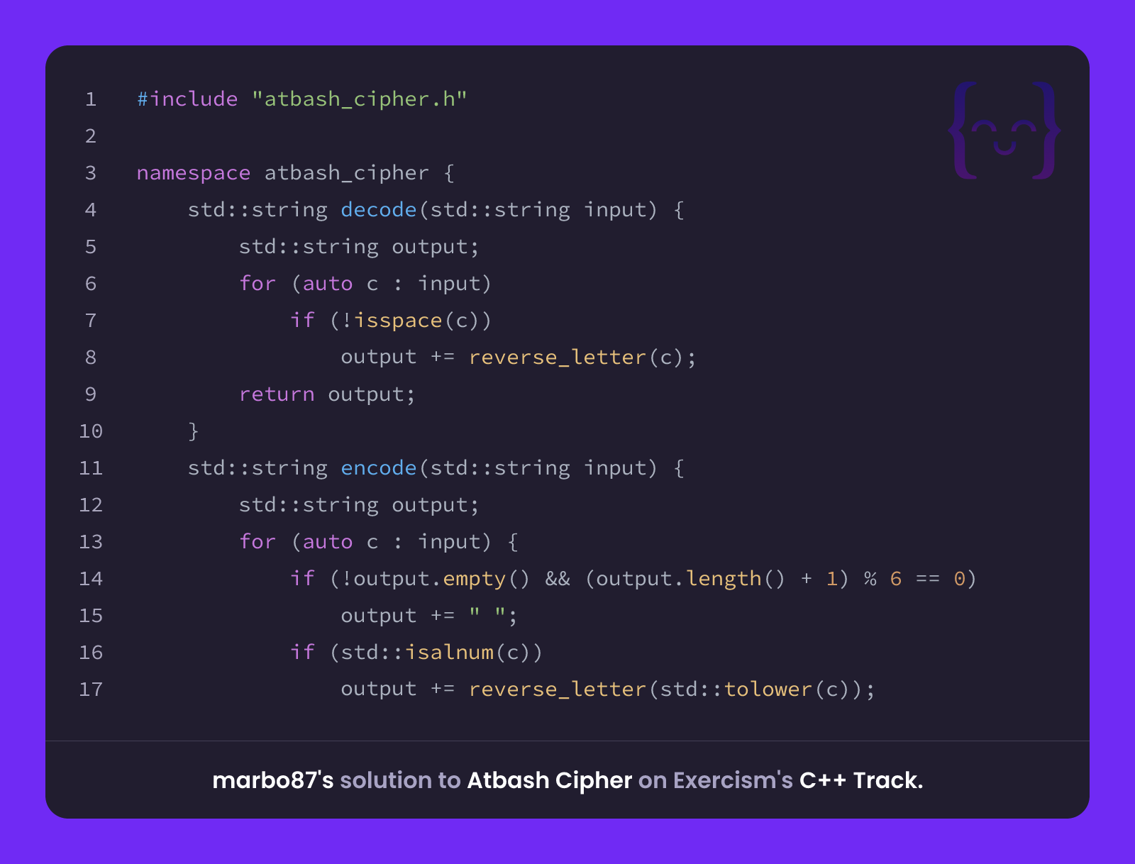 marbo87's solution for Atbash Cipher in C++ on Exercism