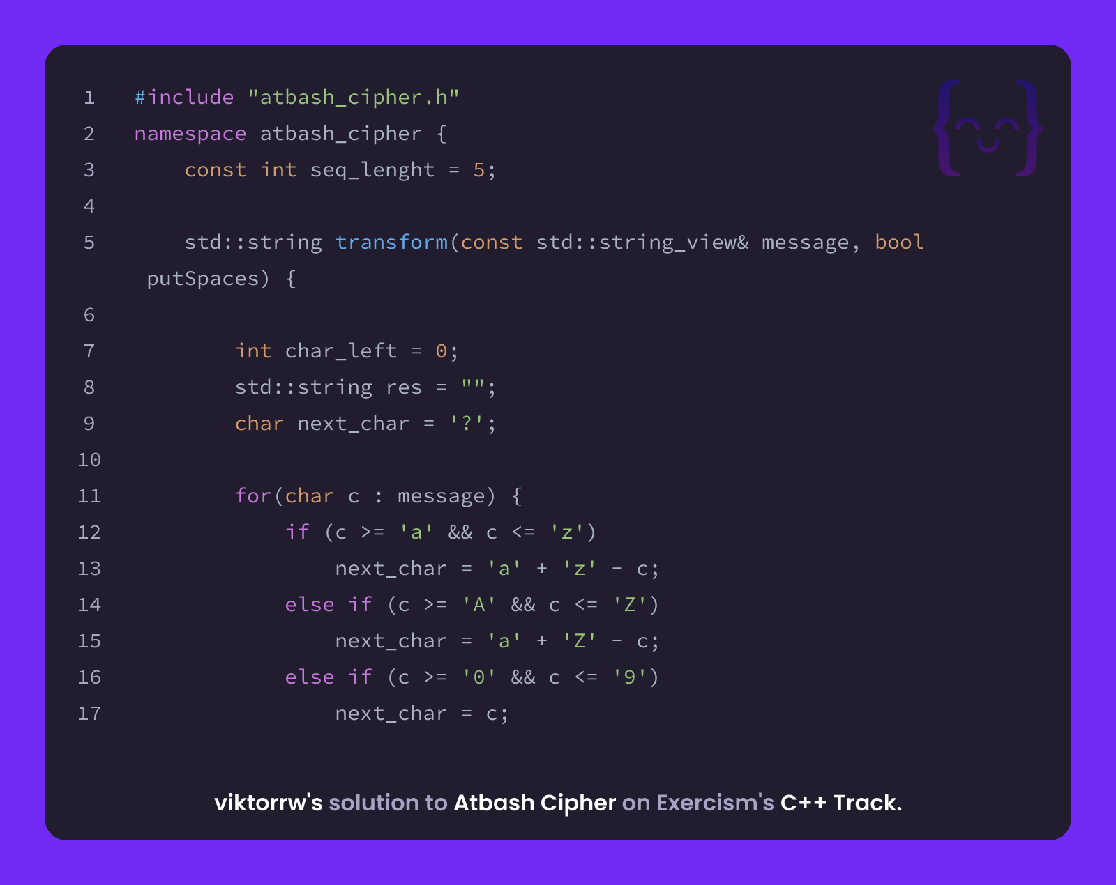 viktorrw's solution for Atbash Cipher in C++ on Exercism
