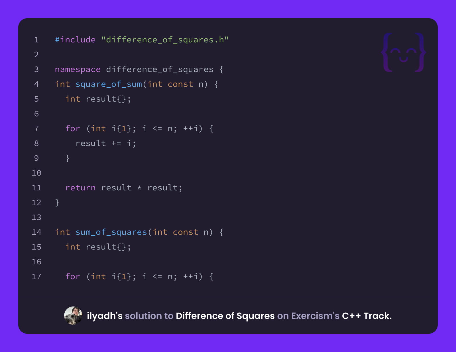 ilyadh's solution for Difference of Squares in C++ on Exercism