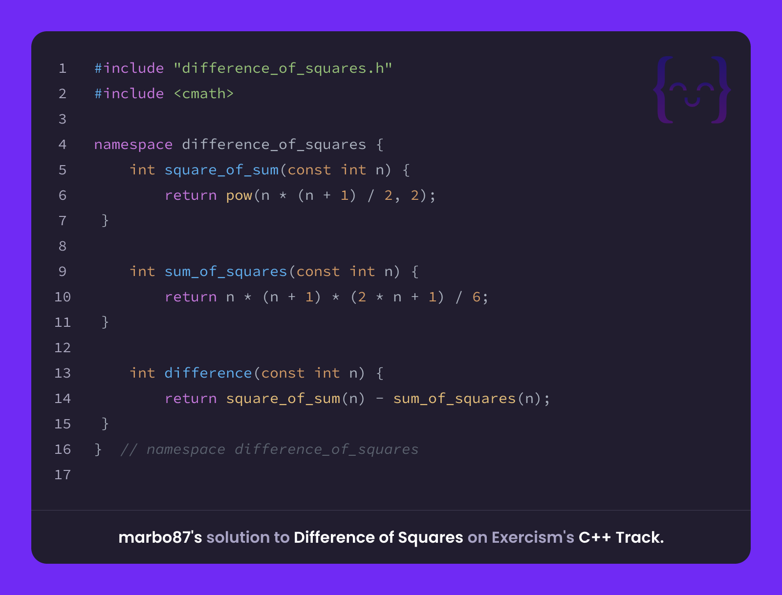 marbo87's solution for Difference of Squares in C++ on Exercism