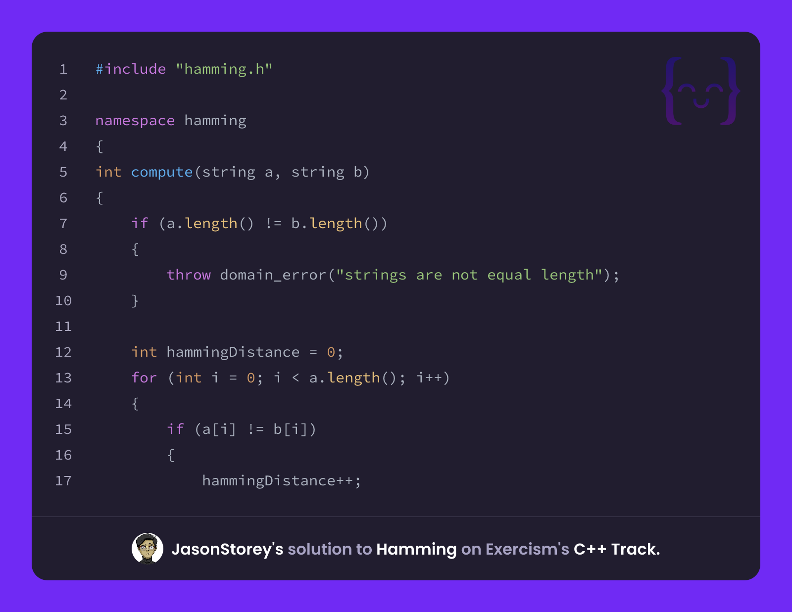 JasonStorey's solution for Hamming in C++ on Exercism