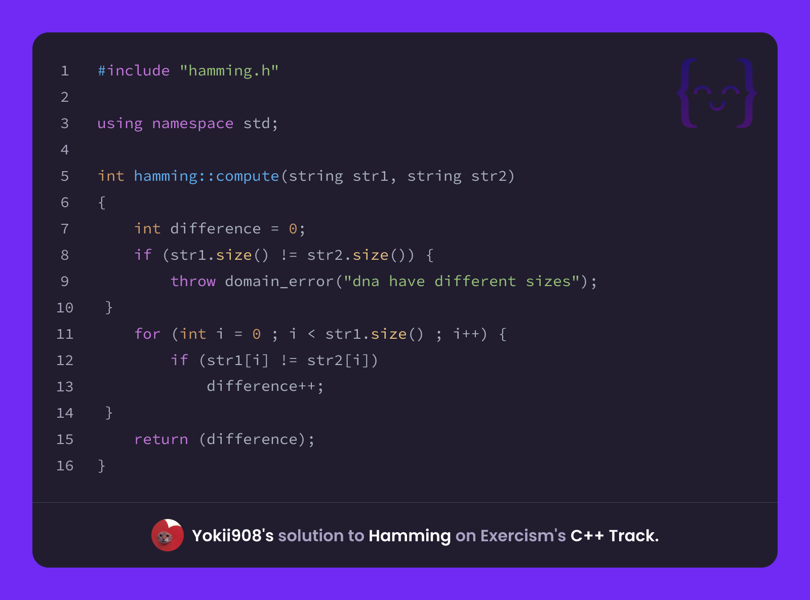 Yokii908's solution for Hamming in C++ on Exercism