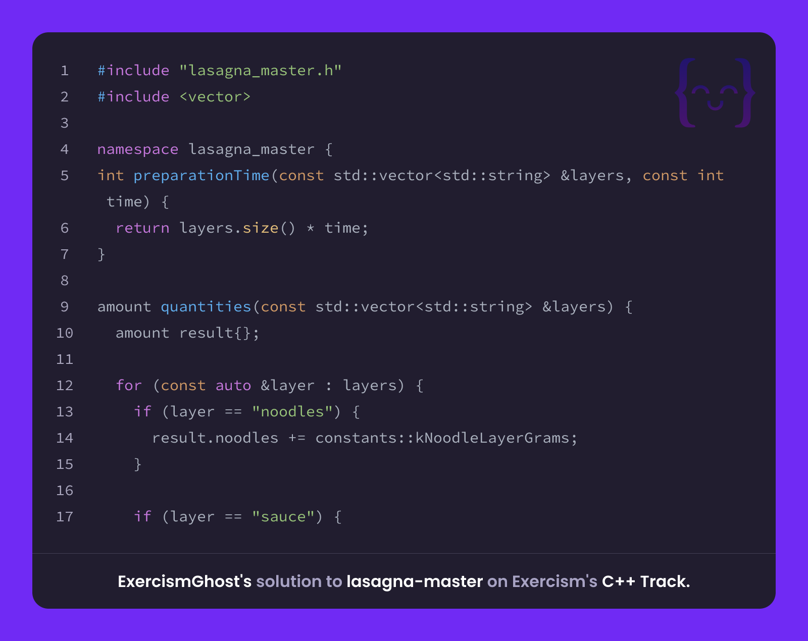 ExercismGhost's solution for lasagna-master in C++ on Exercism