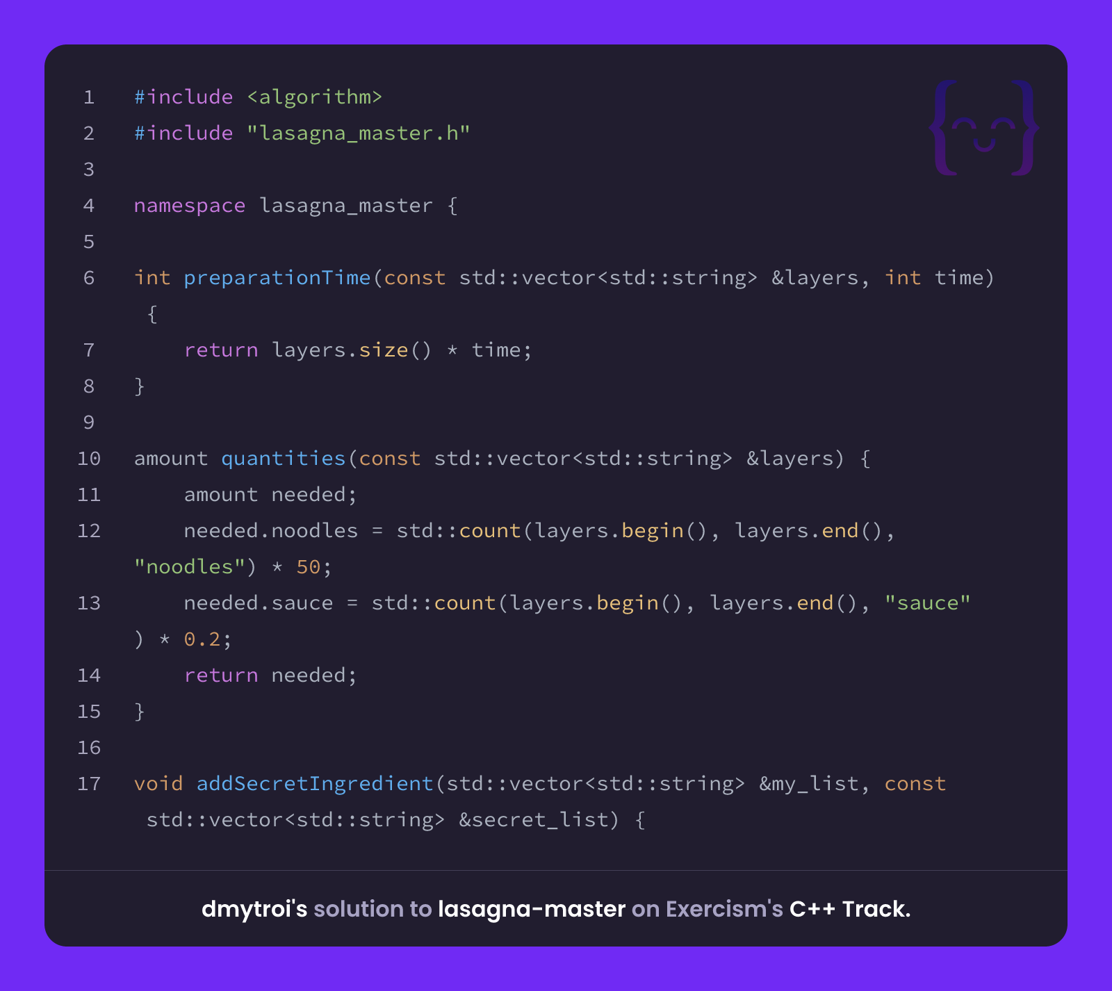 dmytroi's solution for lasagna-master in C++ on Exercism