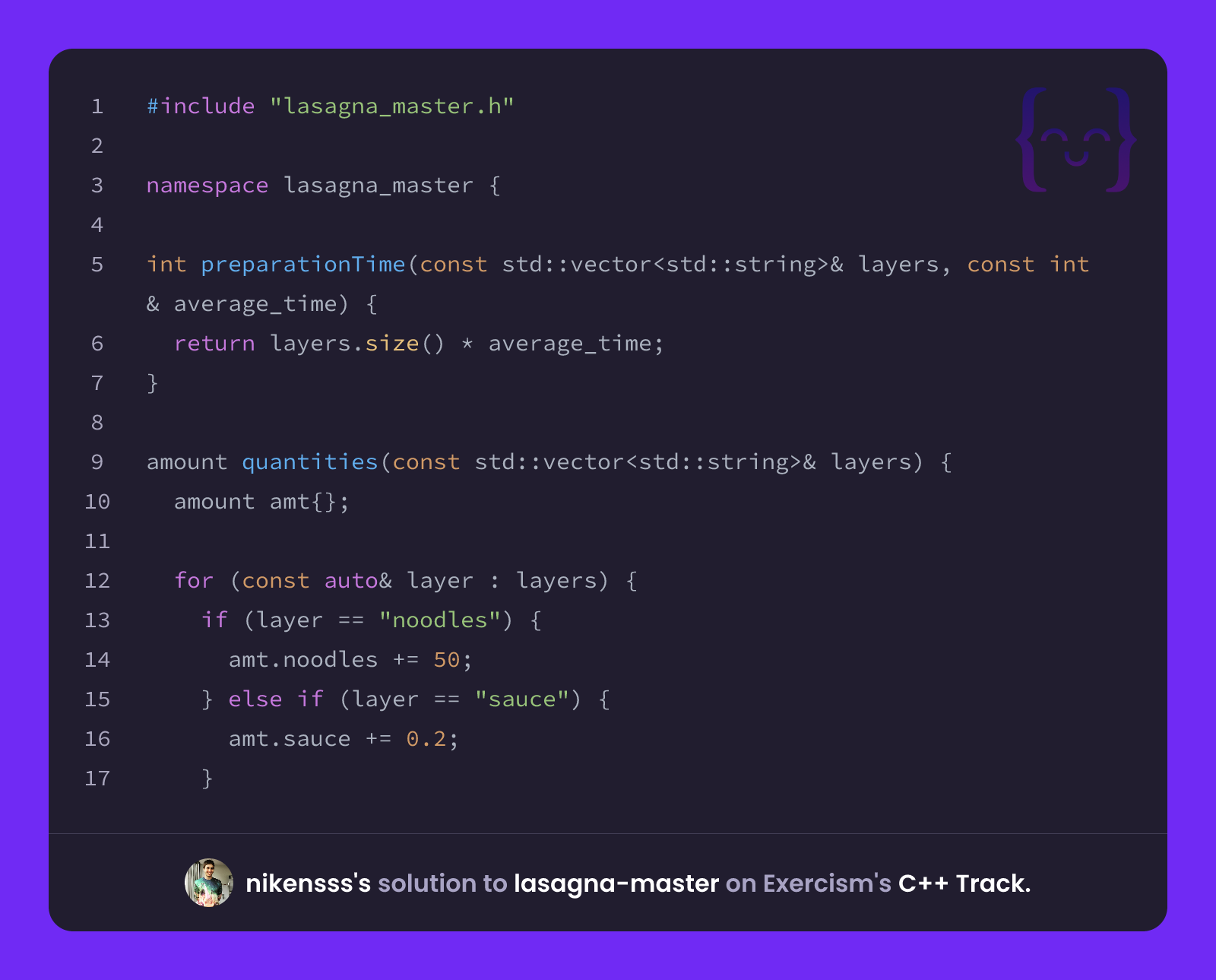 nikensss's solution for lasagna-master in C++ on Exercism