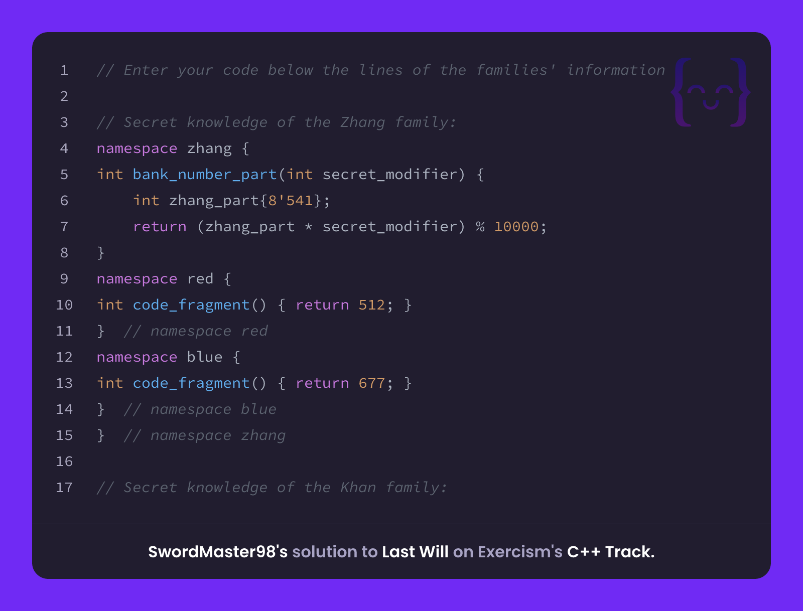 SwordMaster98's solution for Last Will in C++ on Exercism