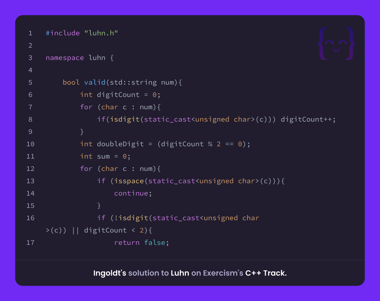 Ingoldt's solution for Luhn in C++ on Exercism
