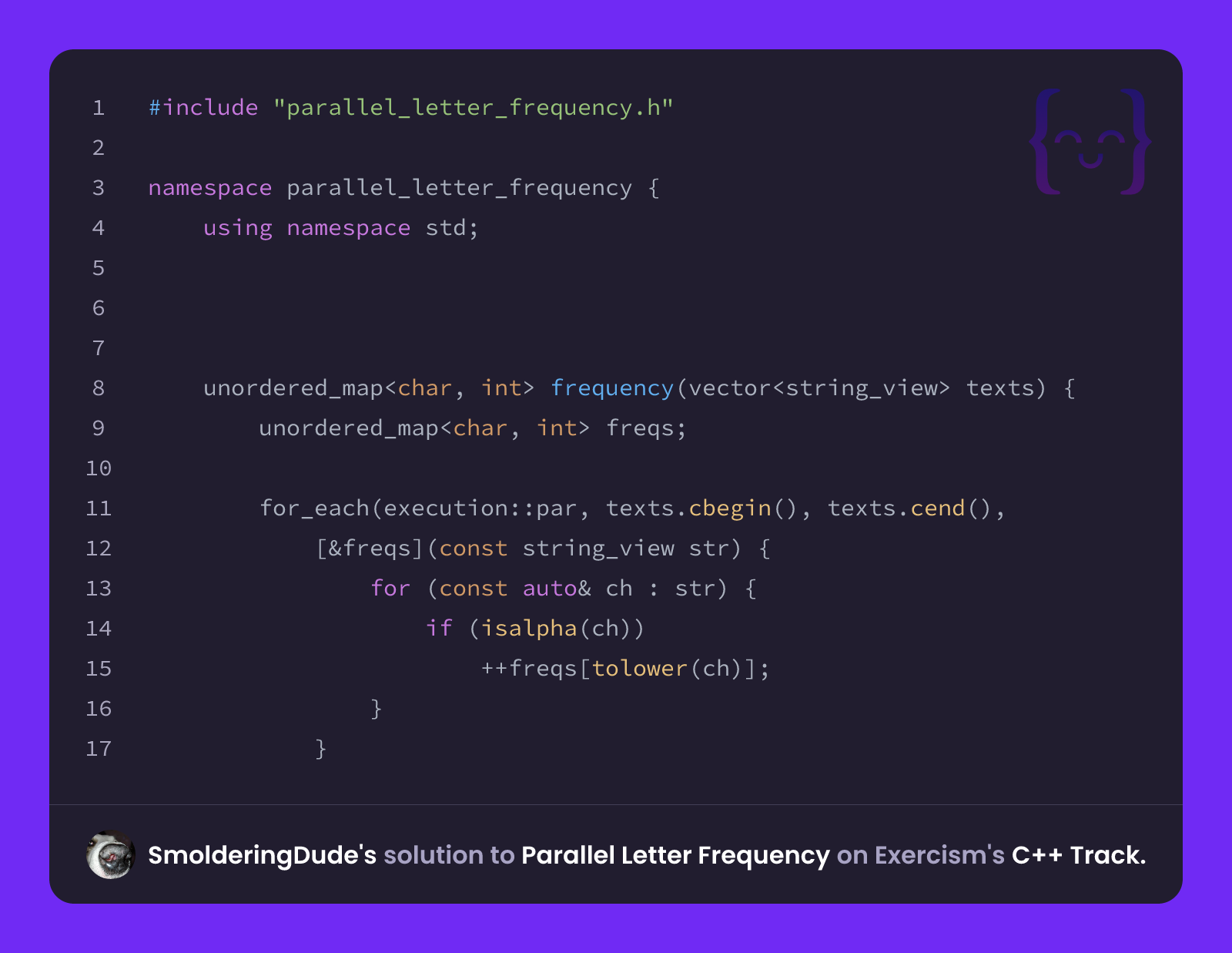 Parallel Letter L SmolderingDude's solution for Parallel Letter Frequency in C++ on Exercism