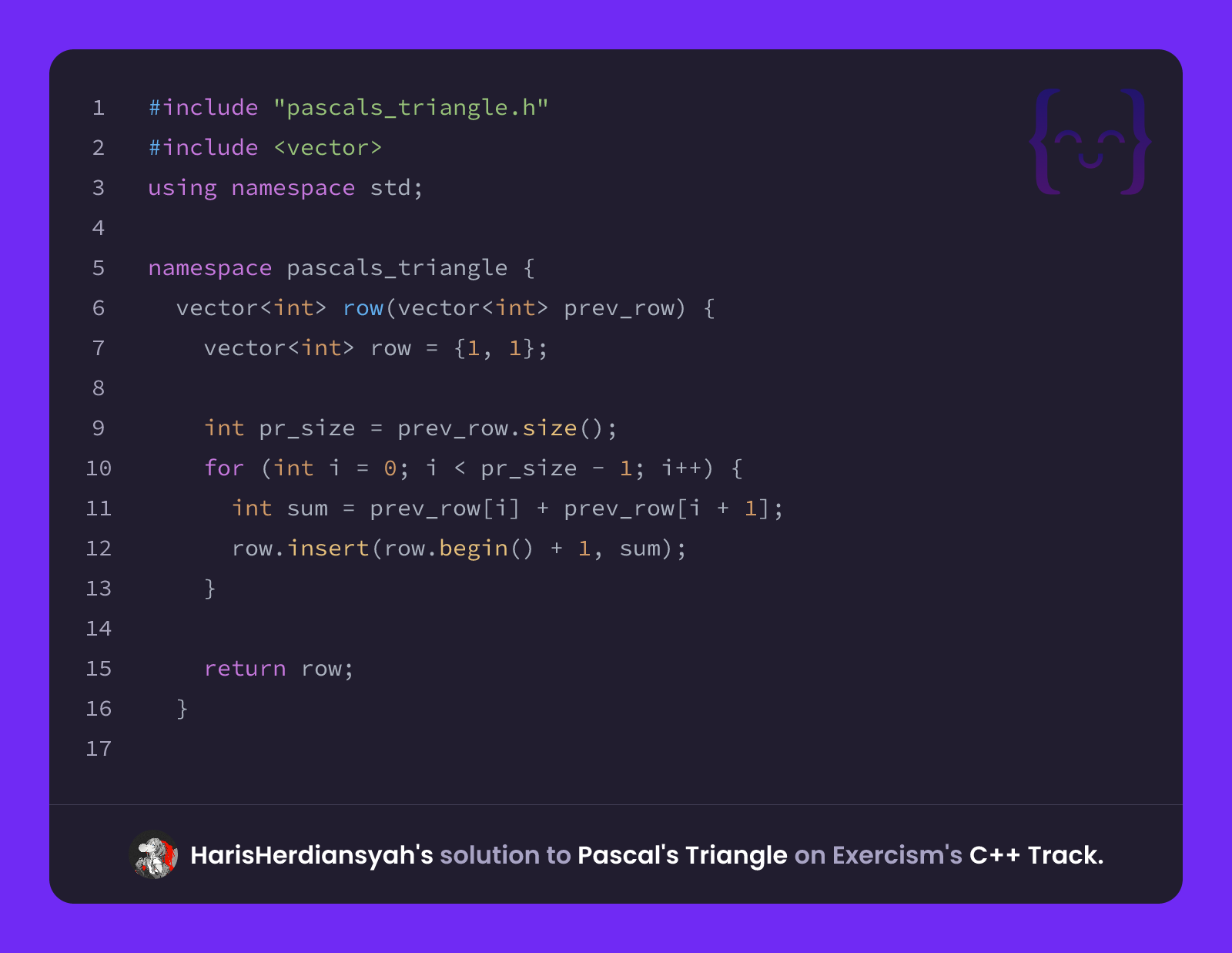 HarisHerdiansyah's solution for Pascal's Triangle in C++ on Exercism