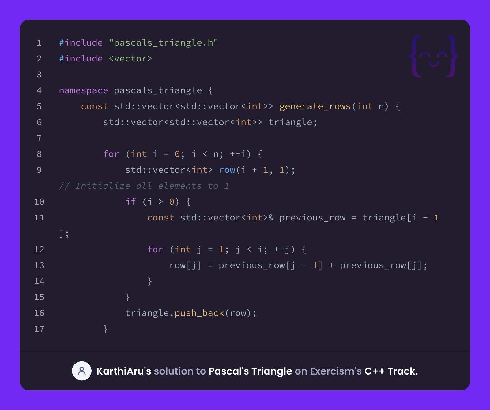 KarthiAru's solution for Pascal's Triangle in C++ on Exercism