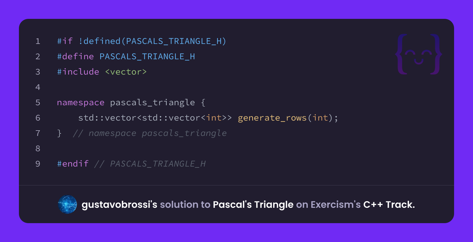 gustavobrossi's solution for Pascal's Triangle in C++ on Exercism