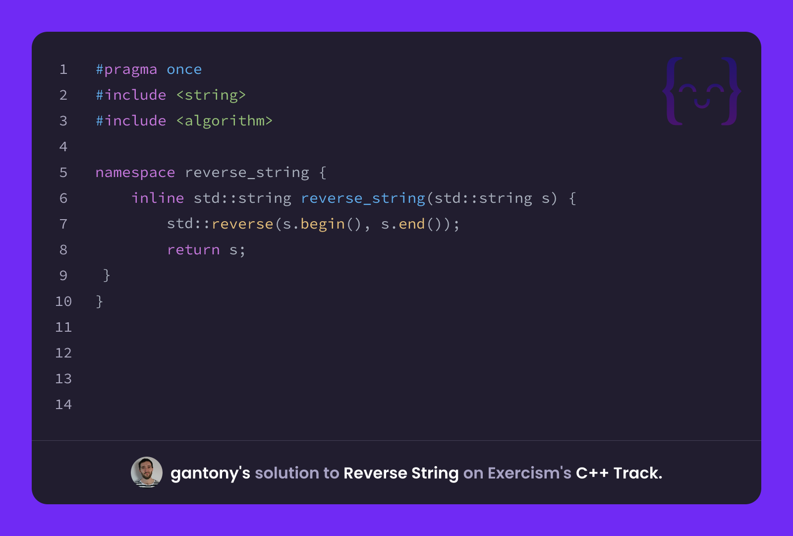 gantony's solution for Reverse String in C++ on Exercism