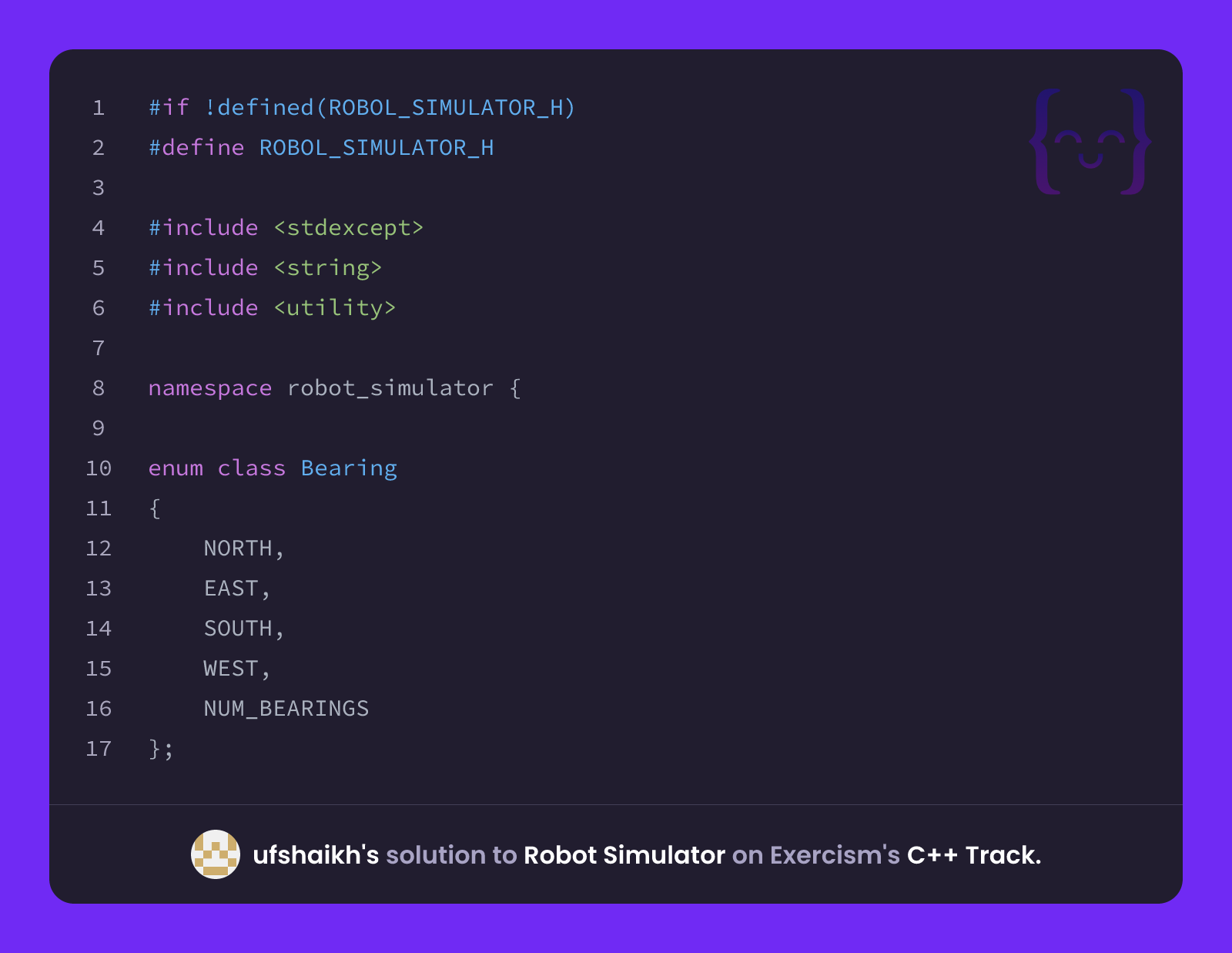 Robot Simulation Exercise ufshaikh's solution for Robot Simulator in C++ on Exercism