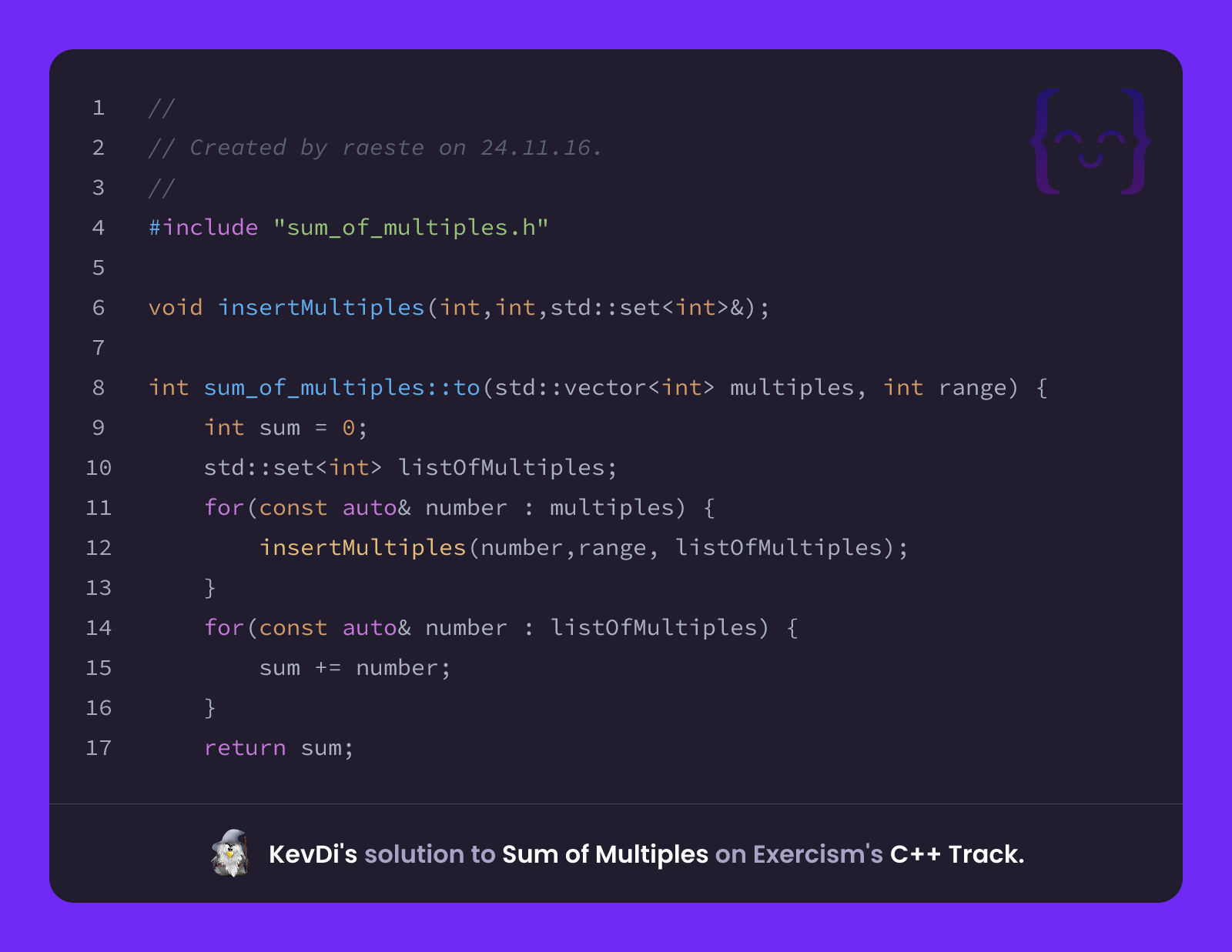 KevDi's solution for Sum of Multiples in C++ on Exercism