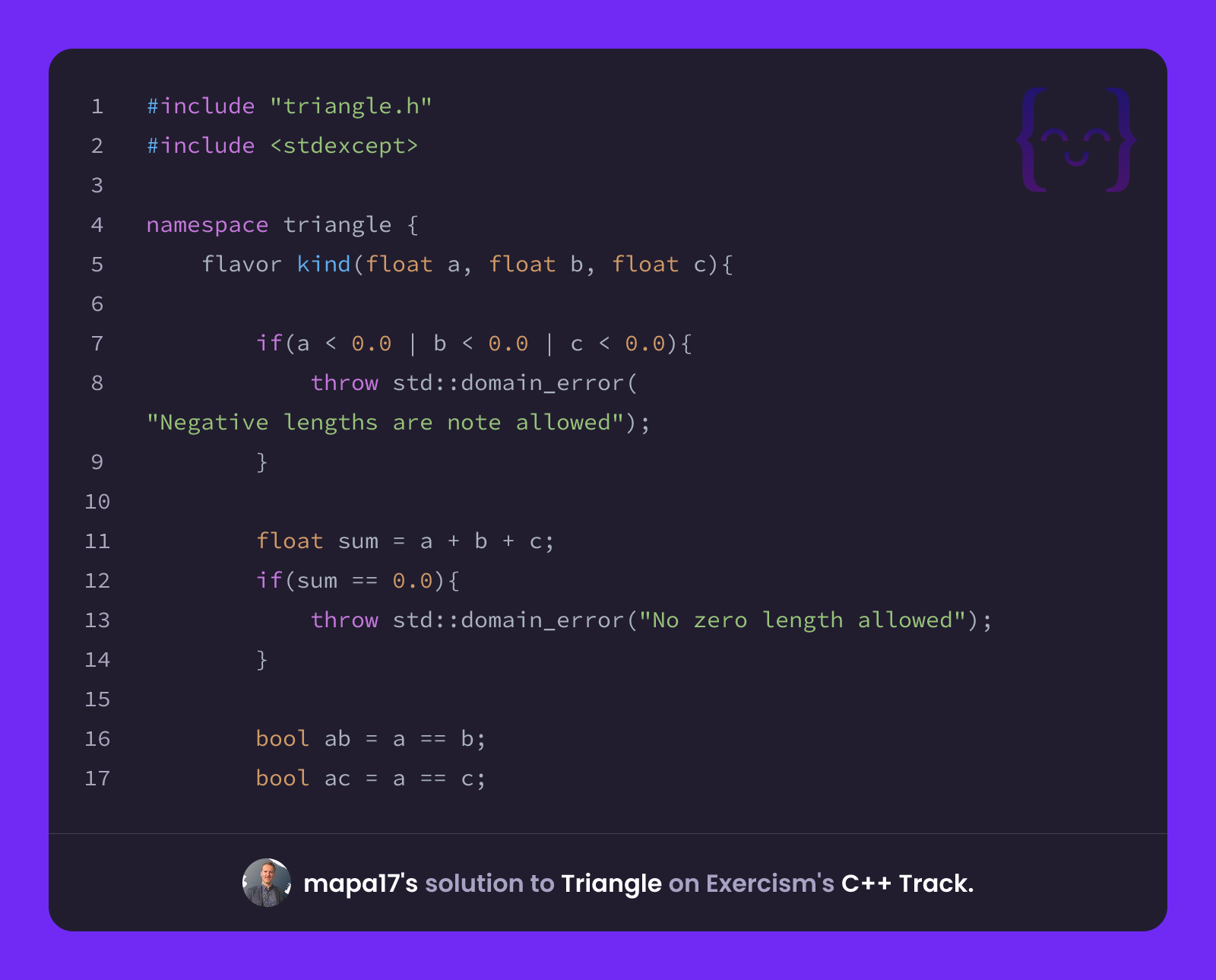 mapa17's solution for Triangle in C++ on Exercism