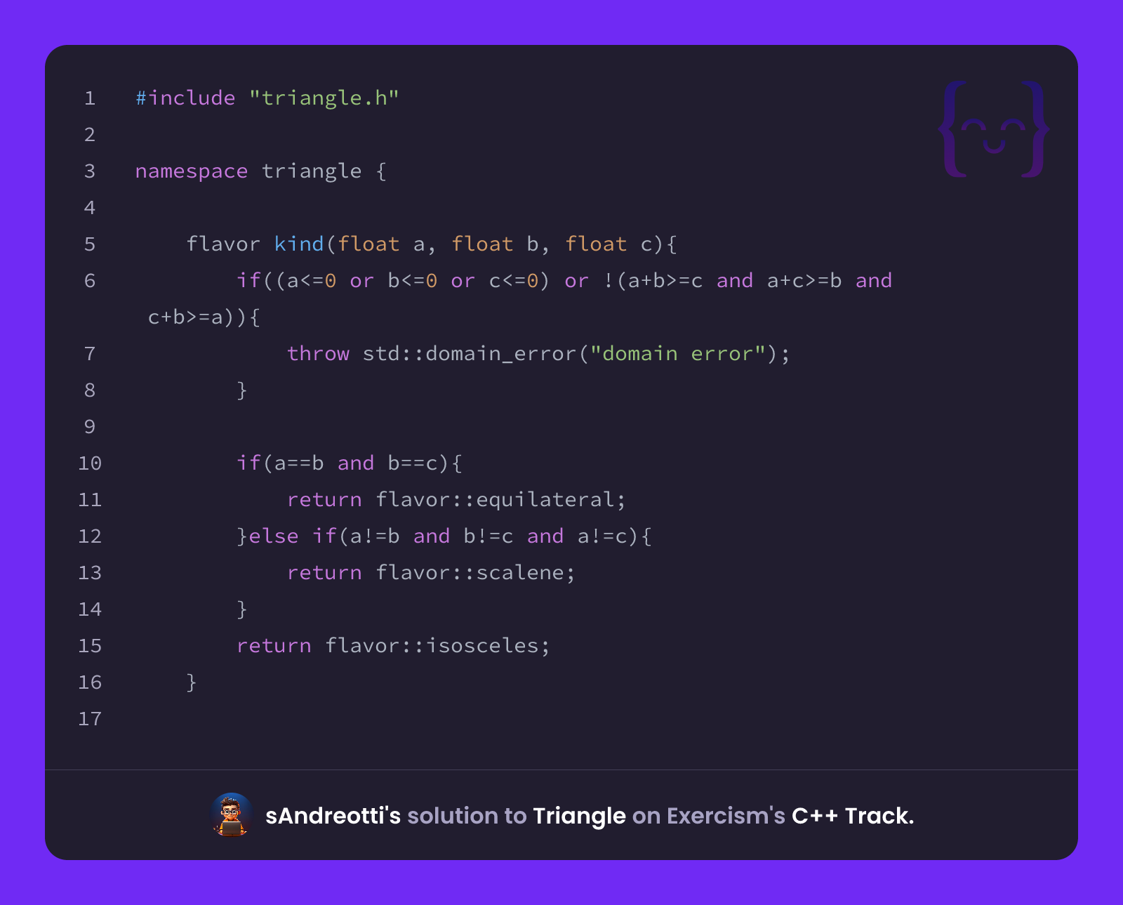 sAndreotti's solution for Triangle in C++ on Exercism
