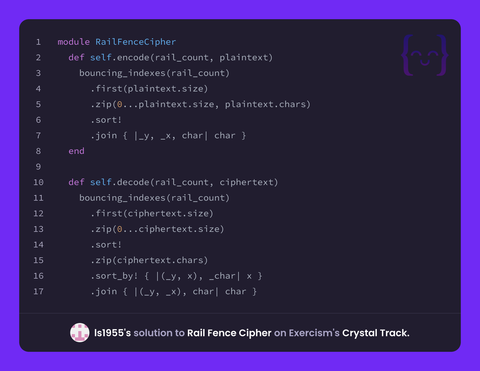 ls1955's solution for Rail Fence Cipher in Crystal on Exercism