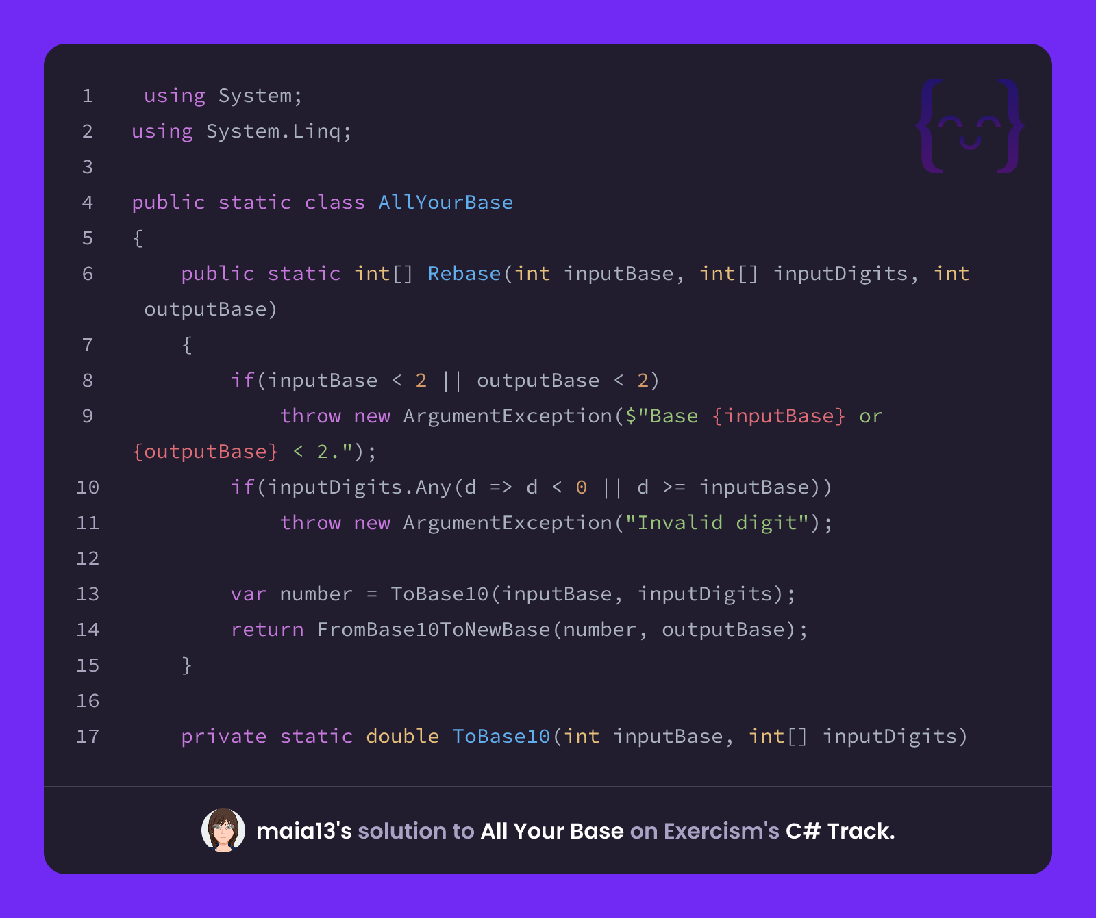 maia13's solution for All Your Base in C# on Exercism
