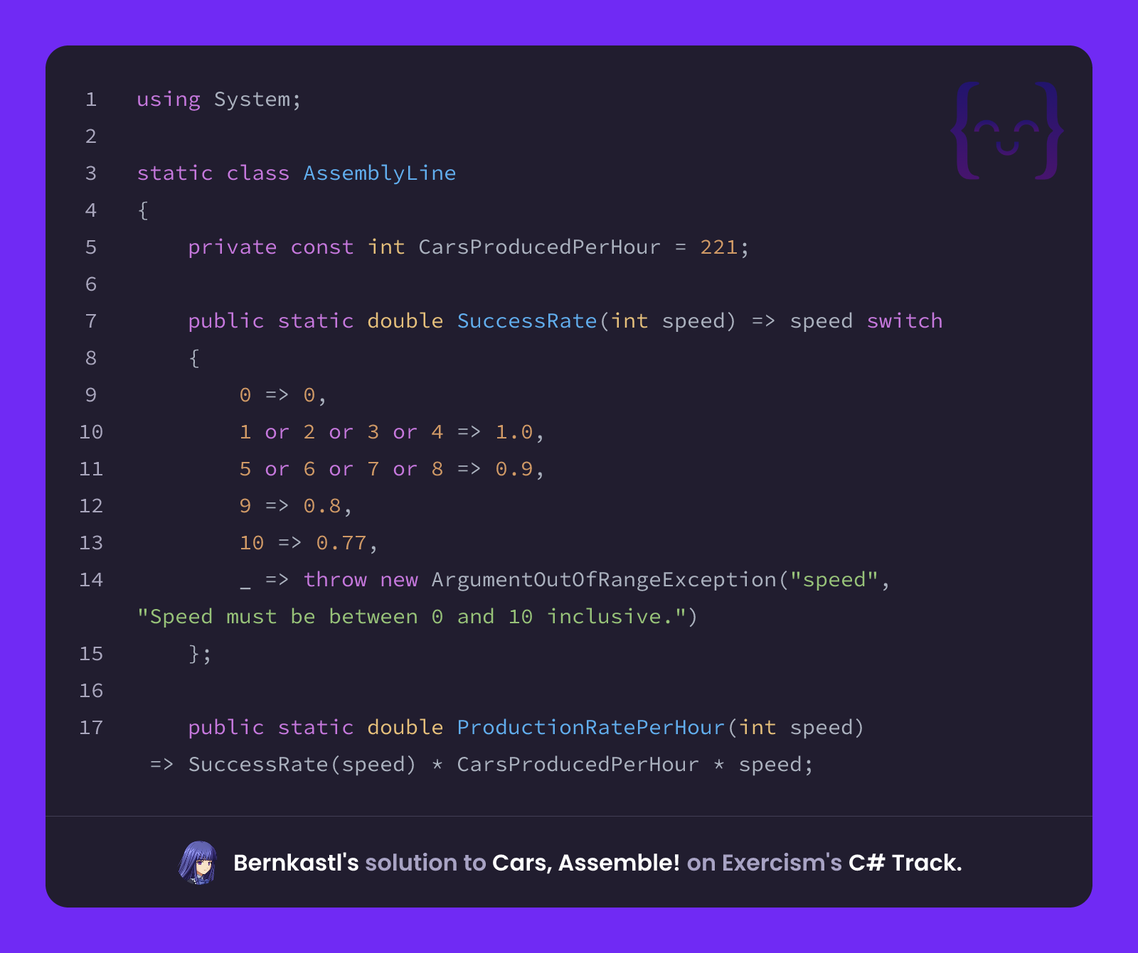 Bernkastl's solution for Cars, Assemble! in C# on Exercism