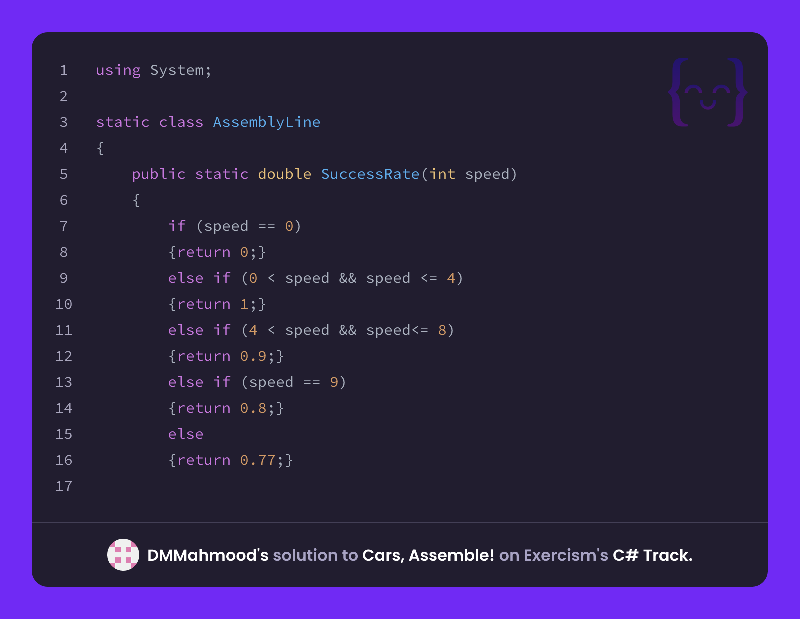 DMMahmood's solution for Cars, Assemble! in C# on Exercism