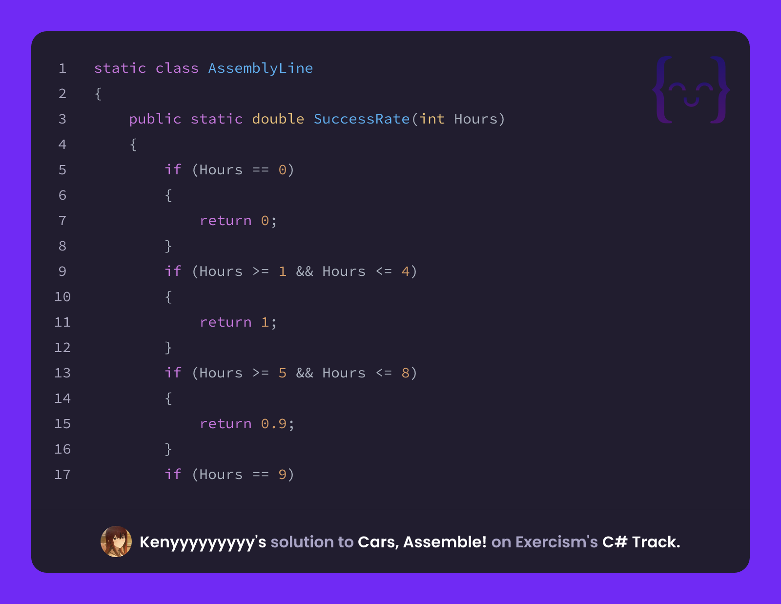 Kenyyyyyyyyy's solution for Cars, Assemble! in C# on Exercism