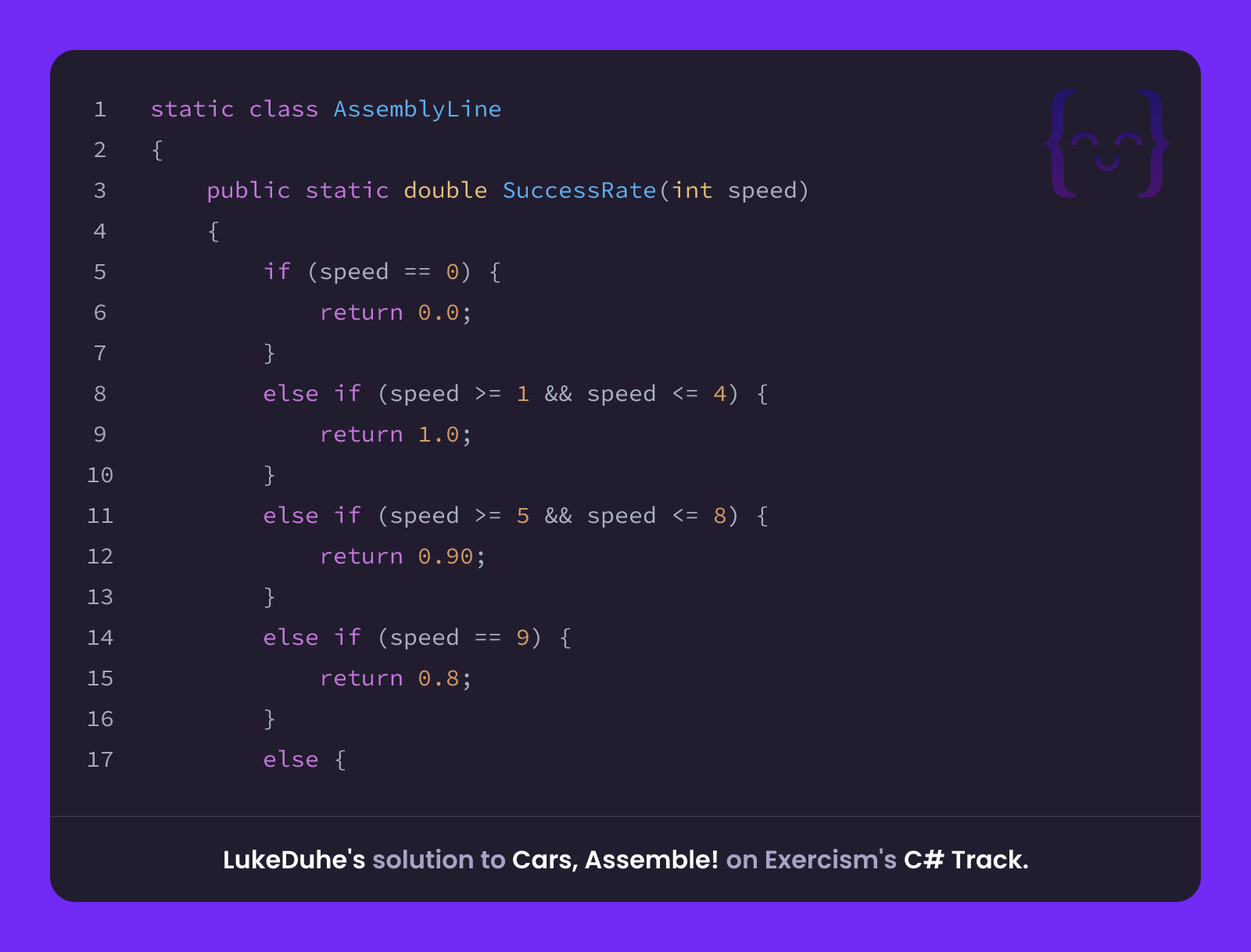 LukeDuhe's solution for Cars, Assemble! in C# on Exercism