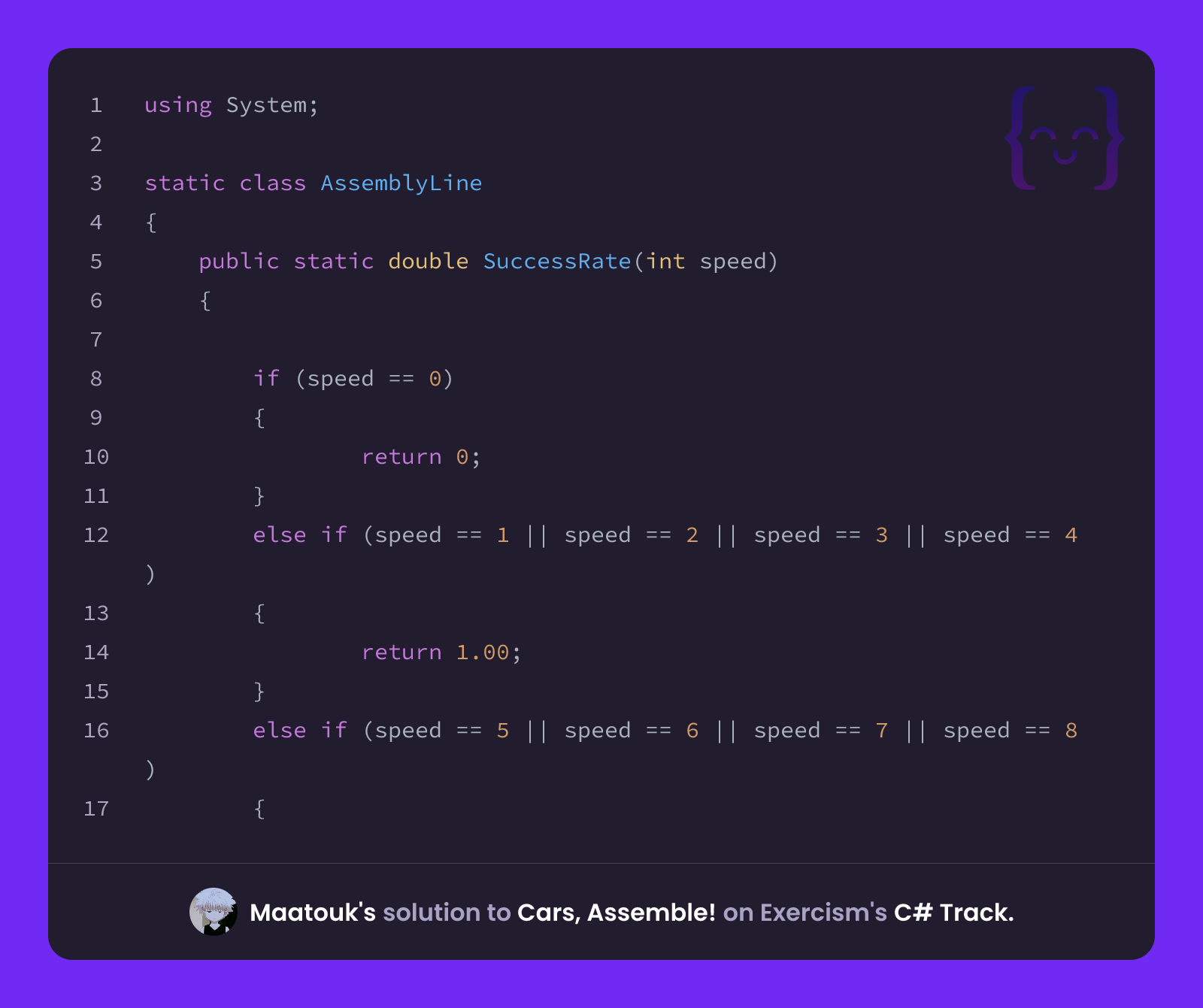 Maatouk's solution for Cars, Assemble! in C# on Exercism