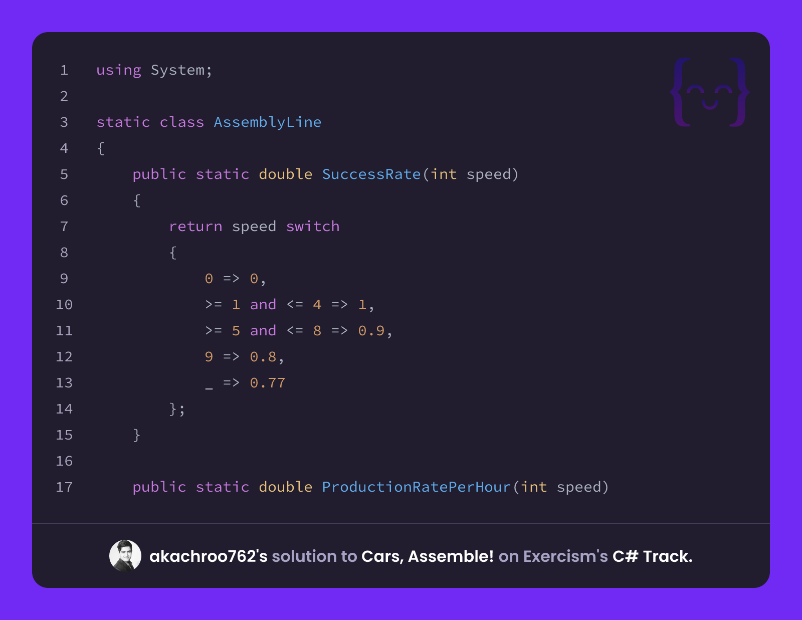 akachroo762's solution for Cars, Assemble! in C# on Exercism