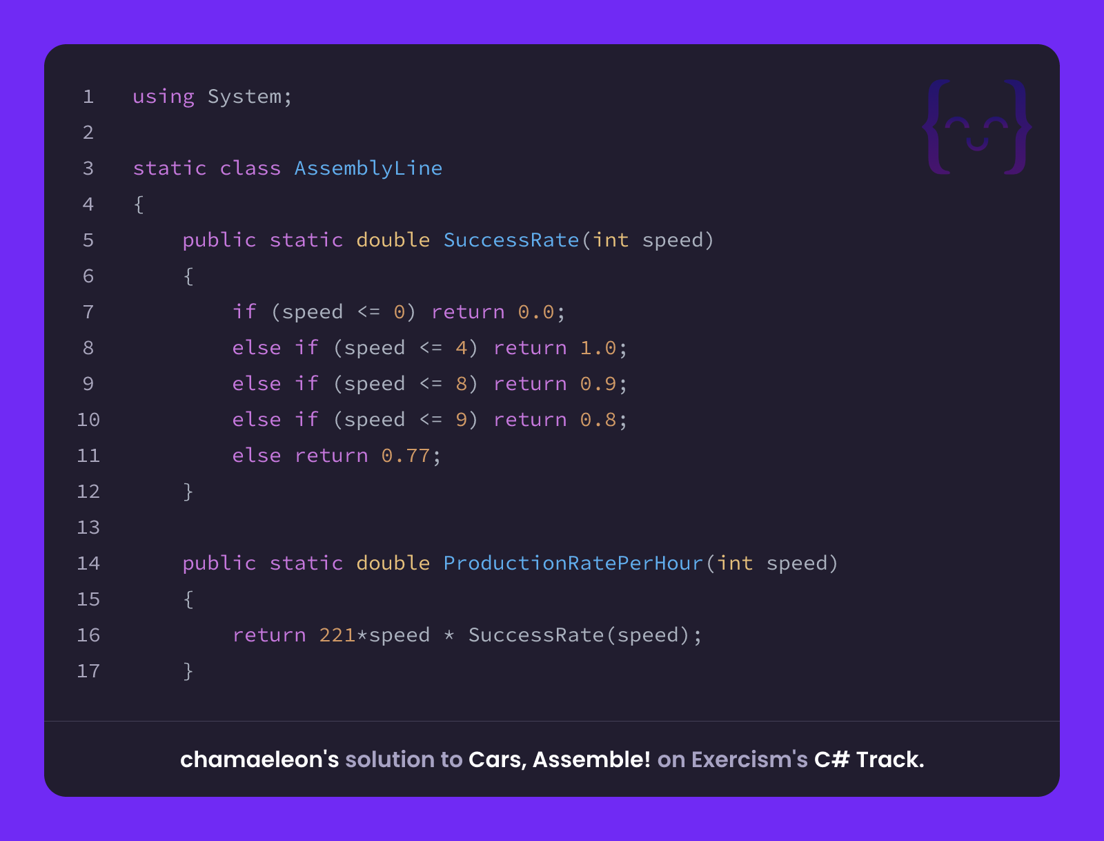 chamaeleon's solution for Cars, Assemble! in C# on Exercism