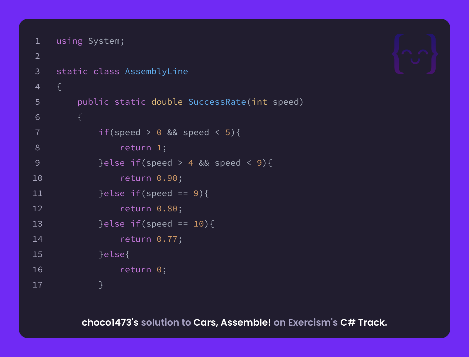 choco1473's solution for Cars, Assemble! in C# on Exercism