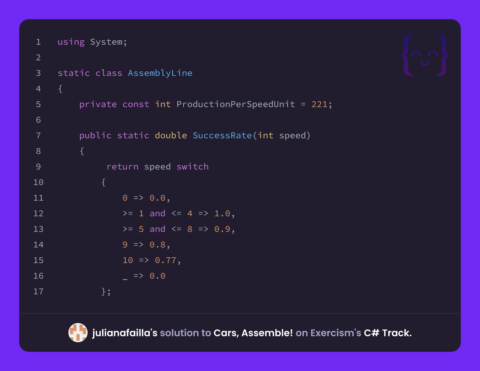 julianafailla's solution for Cars, Assemble! in C# on Exercism