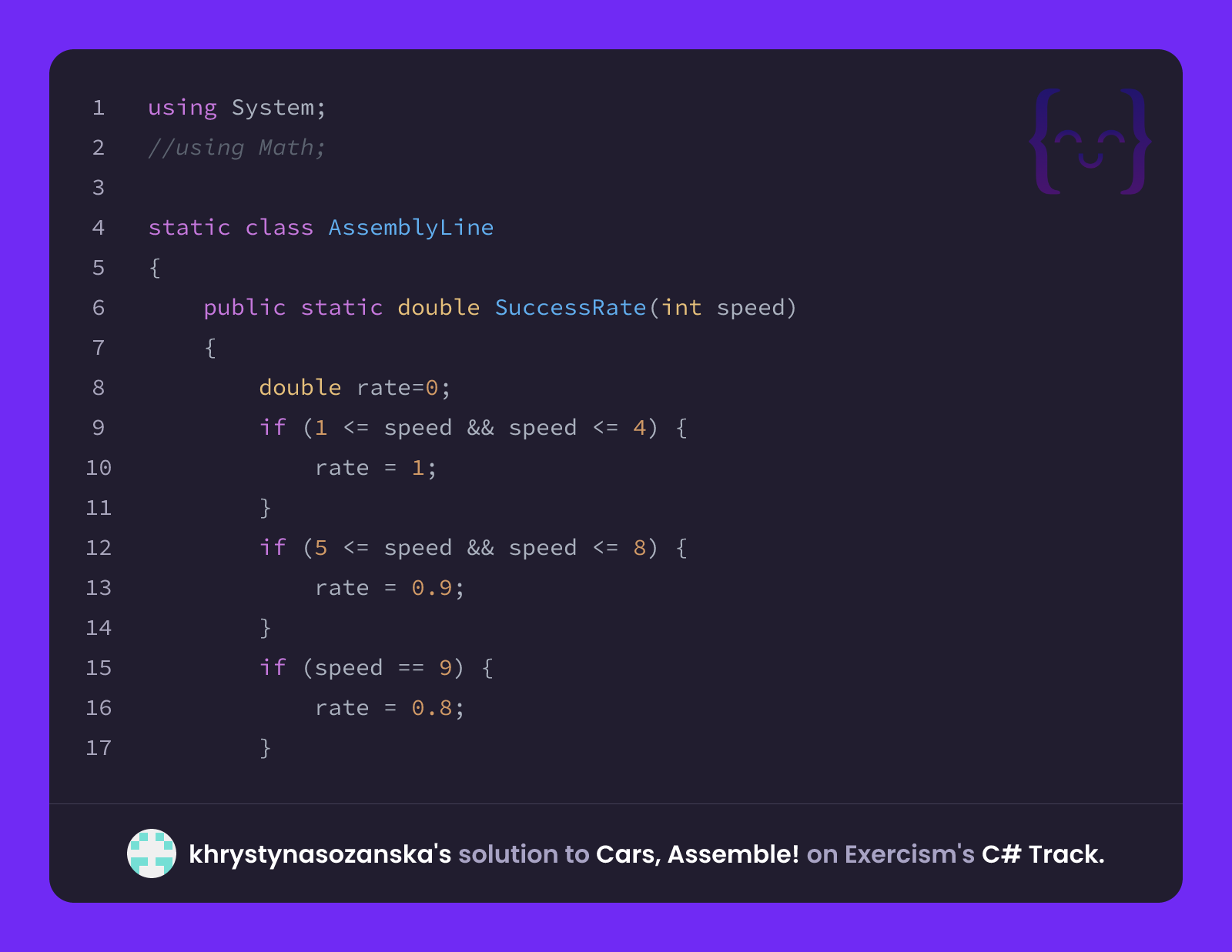 khrystynasozanska's solution for Cars, Assemble! in C# on Exercism