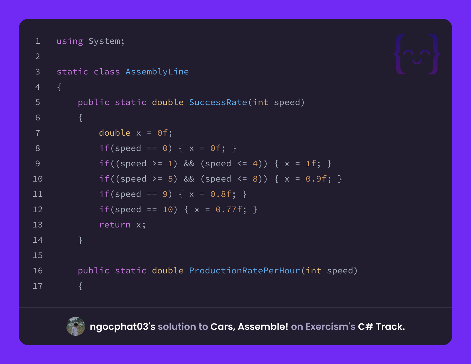ngocphat03's solution for Cars, Assemble! in C# on Exercism