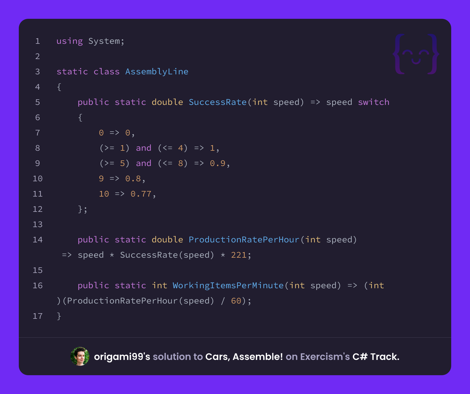 origami99's solution for Cars, Assemble! in C# on Exercism