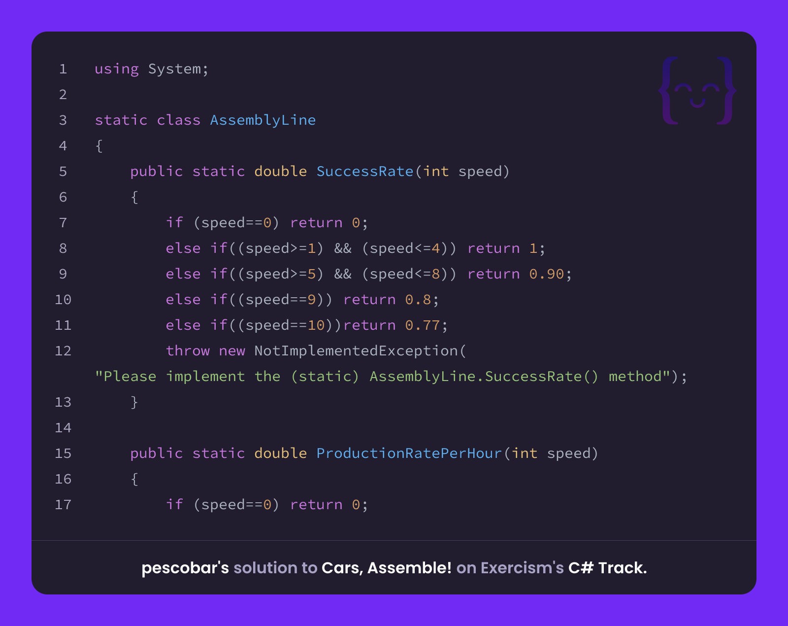 pescobar's solution for Cars, Assemble! in C# on Exercism