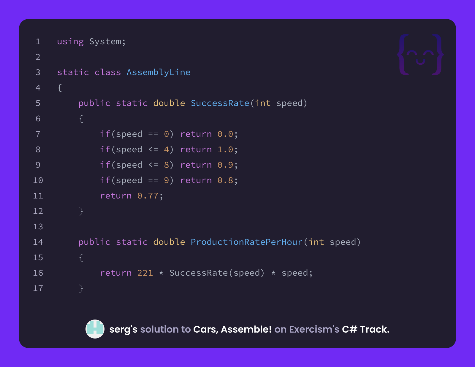 serg's solution for Cars, Assemble! in C# on Exercism