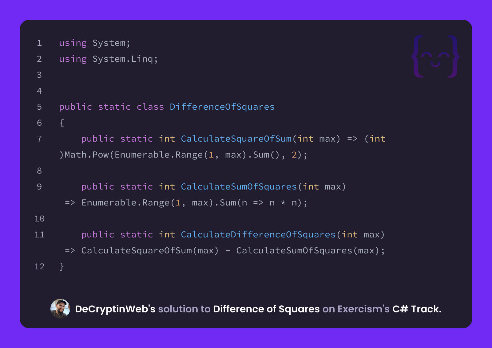 DeCryptinWeb's solution for Difference of Squares in C# on Exercism