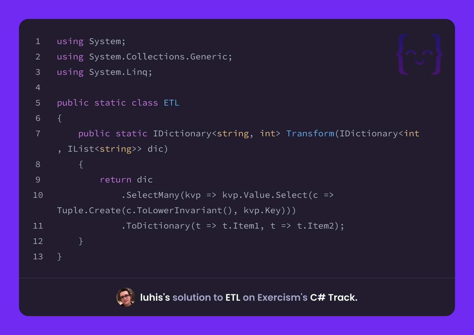 luhis's solution for ETL in C# on Exercism