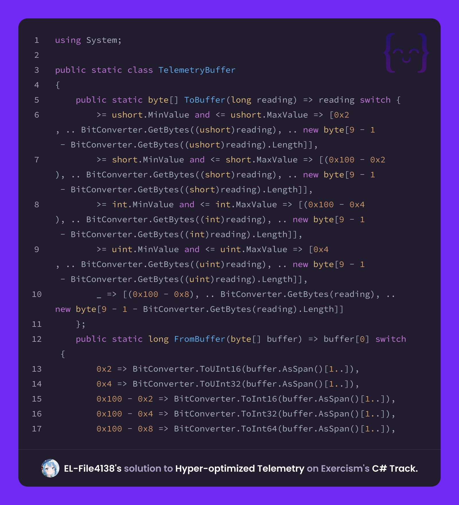 EL-File4138's solution for Hyper-optimized Telemetry in C# on Exercism