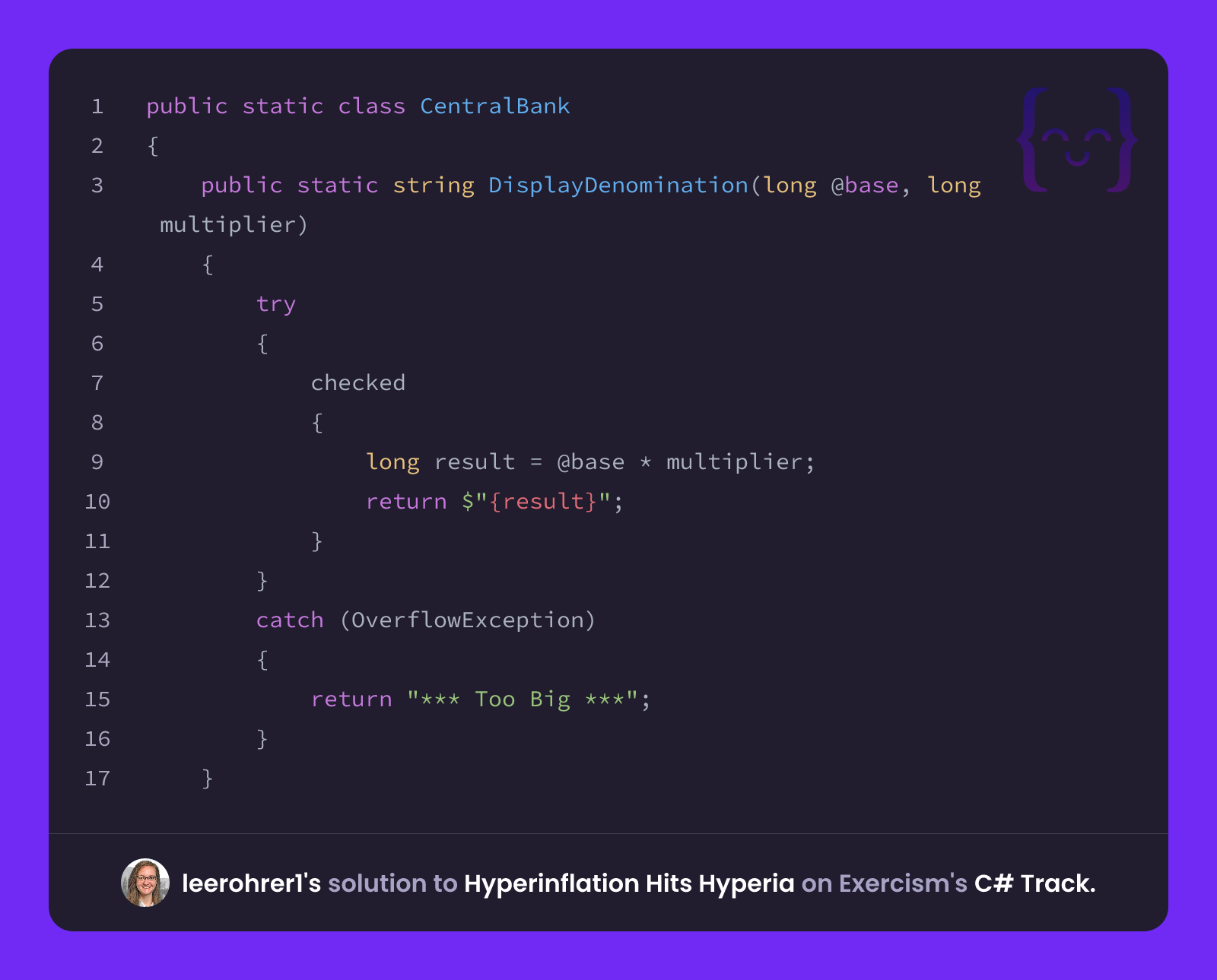 Lee Rohrer leerohrer1's solution for Hyperinflation Hits Hyperia in C# on Exercism