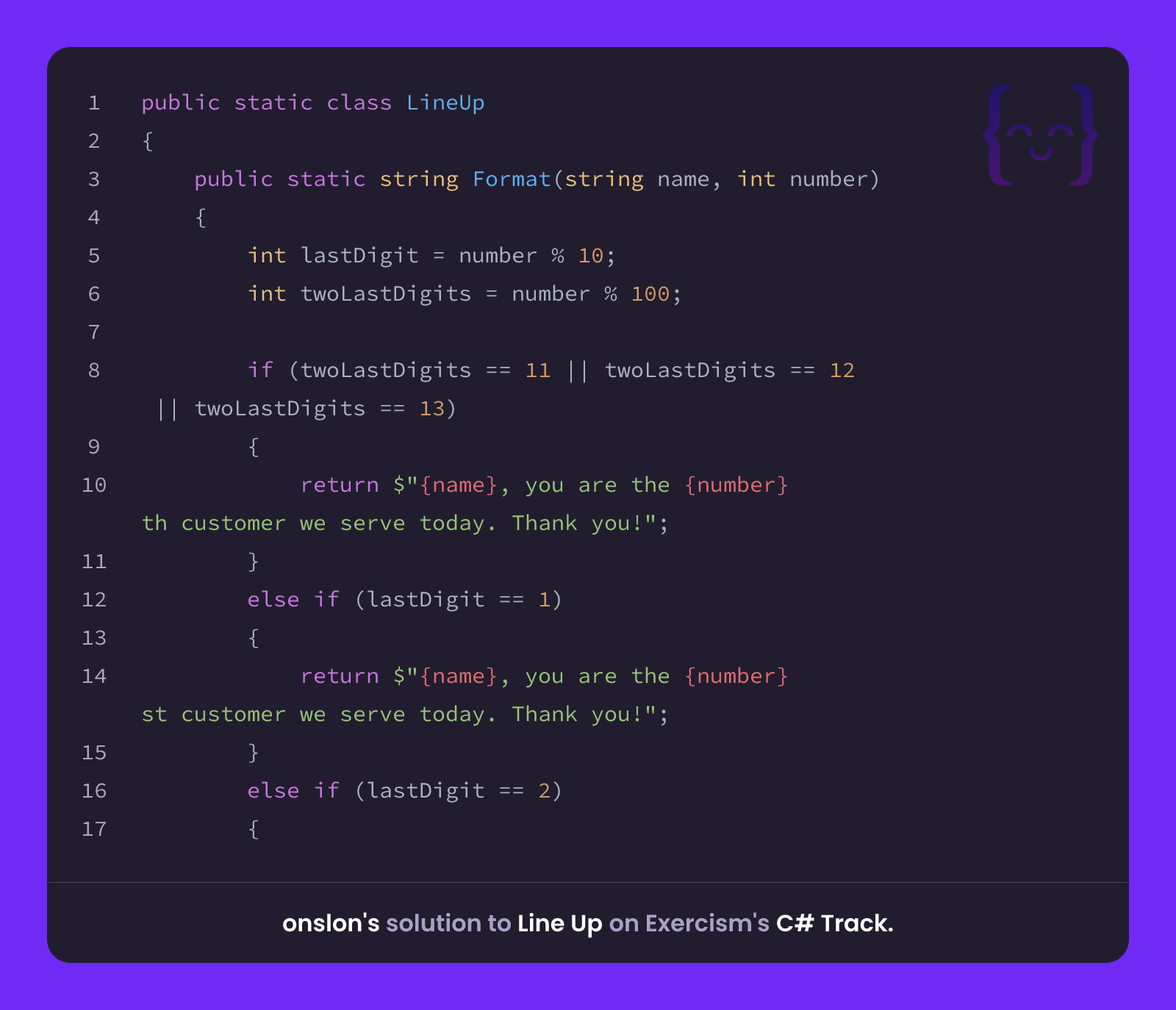 onslon's solution for Line Up in C# on Exercism
