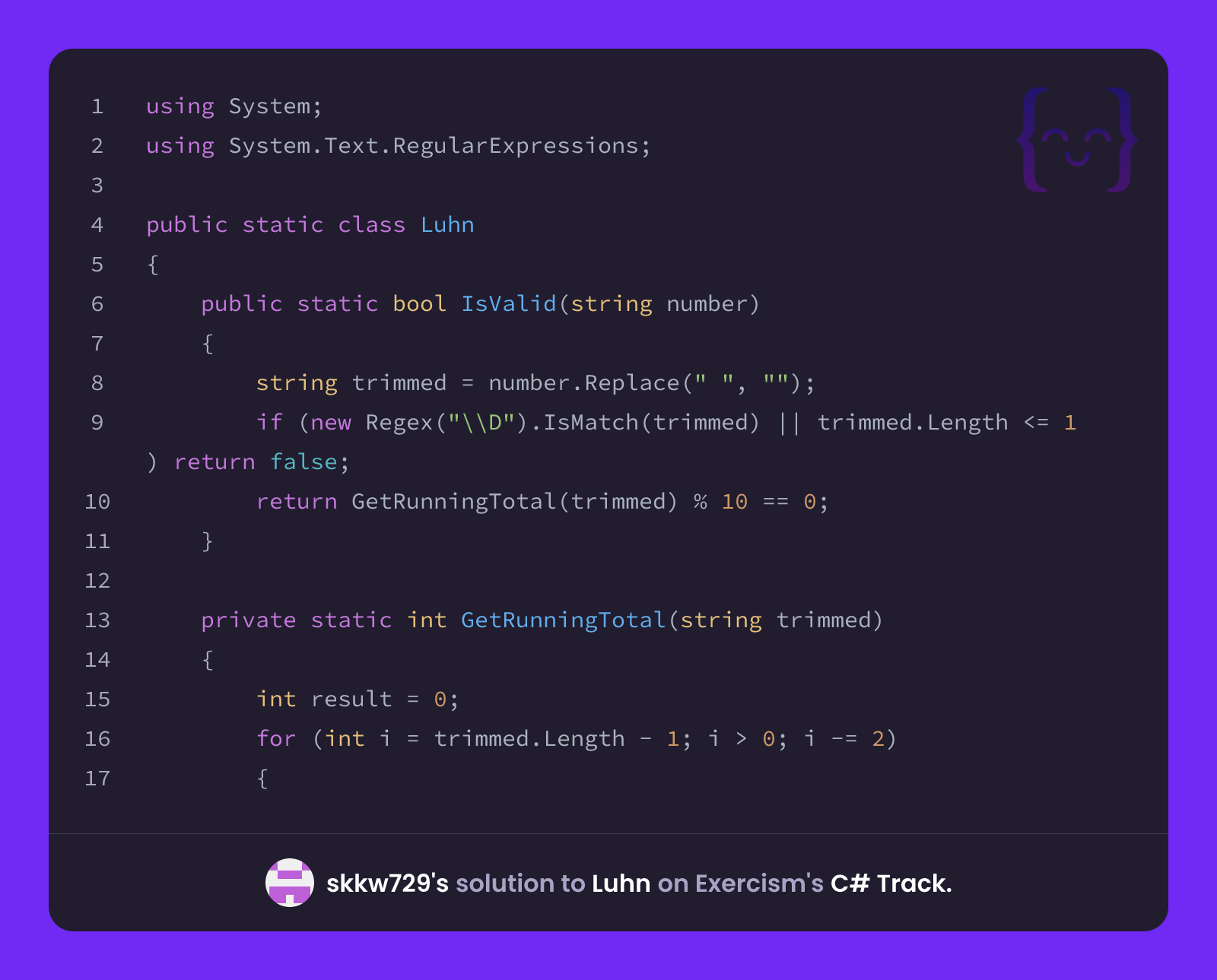 skkw729's solution for Luhn in C# on Exercism