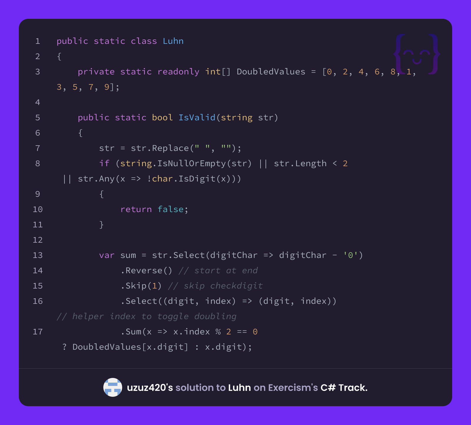 uzuz420's solution for Luhn in C# on Exercism
