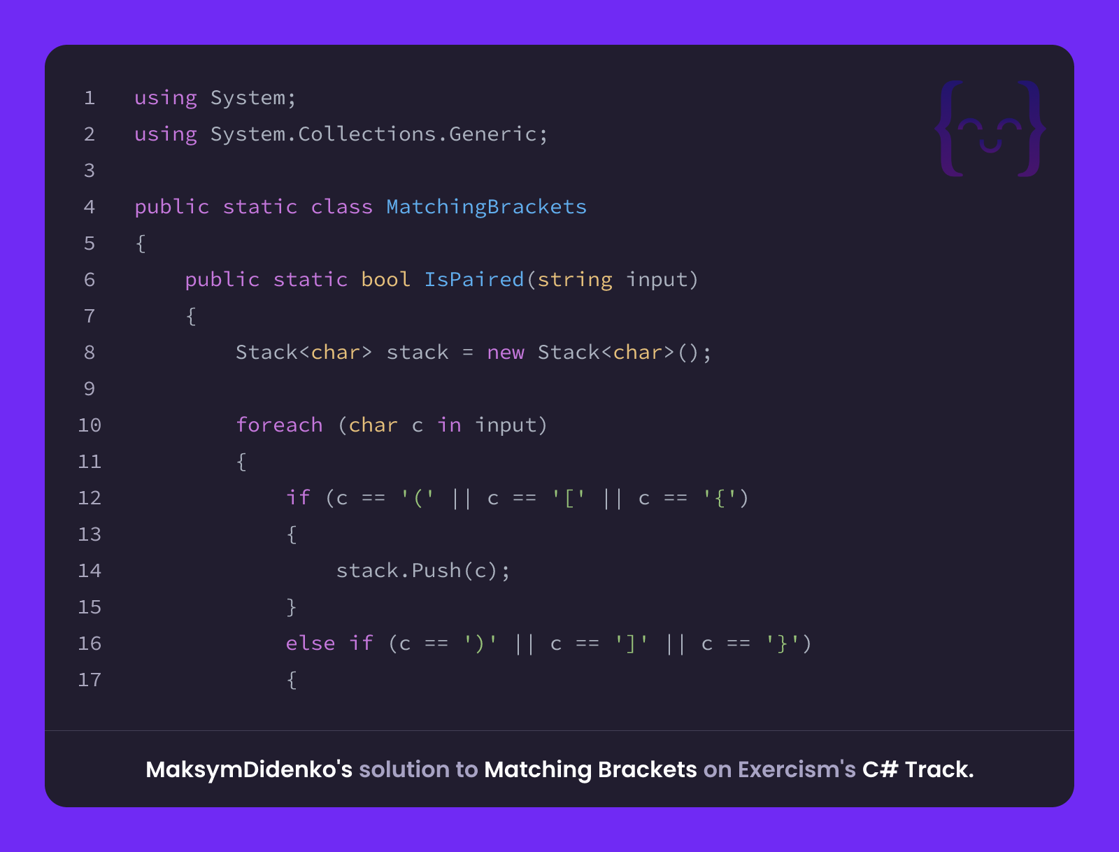 MaksymDidenko's solution for Matching Brackets in C# on Exercism