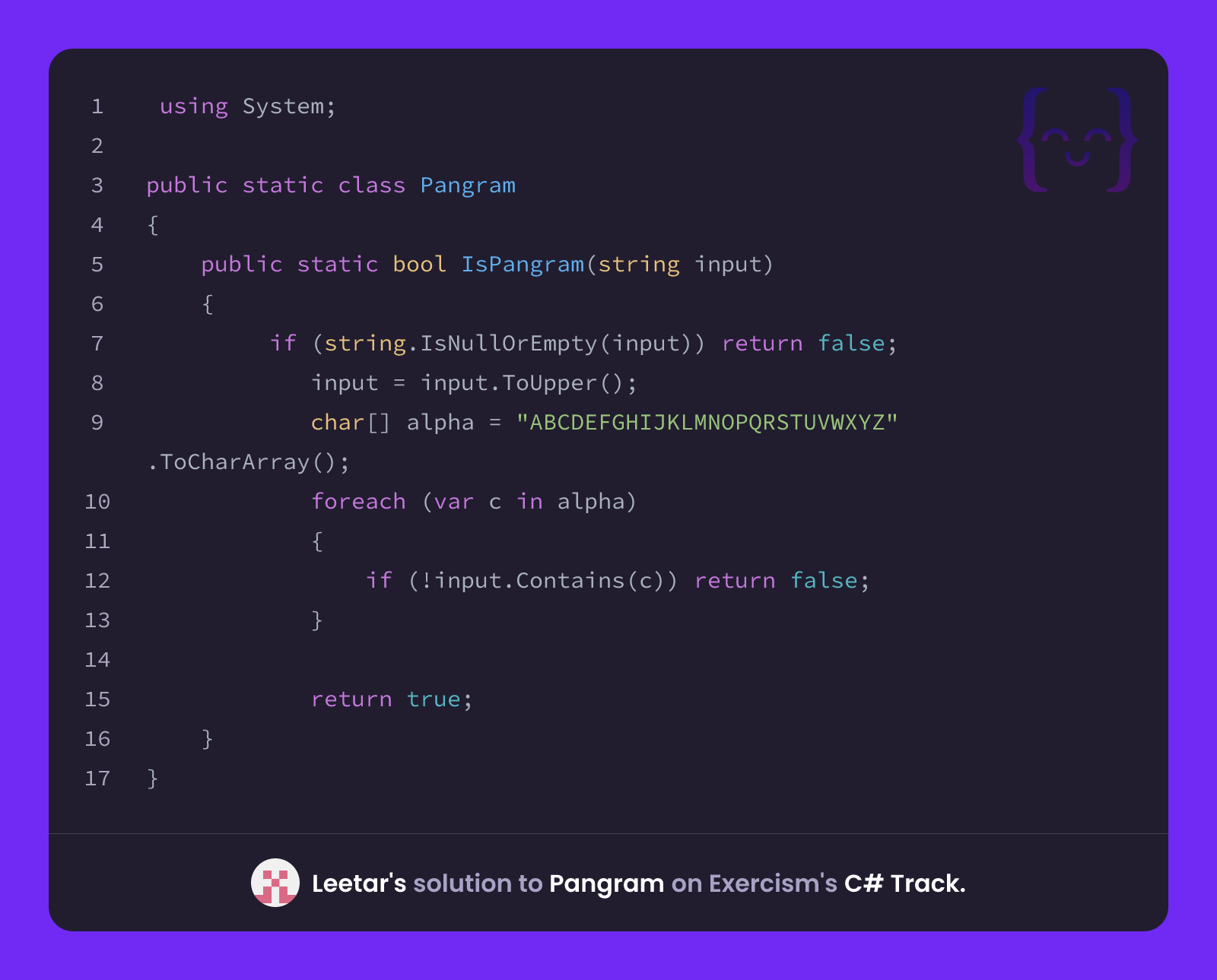 Leetar's solution for Pangram in C# on Exercism