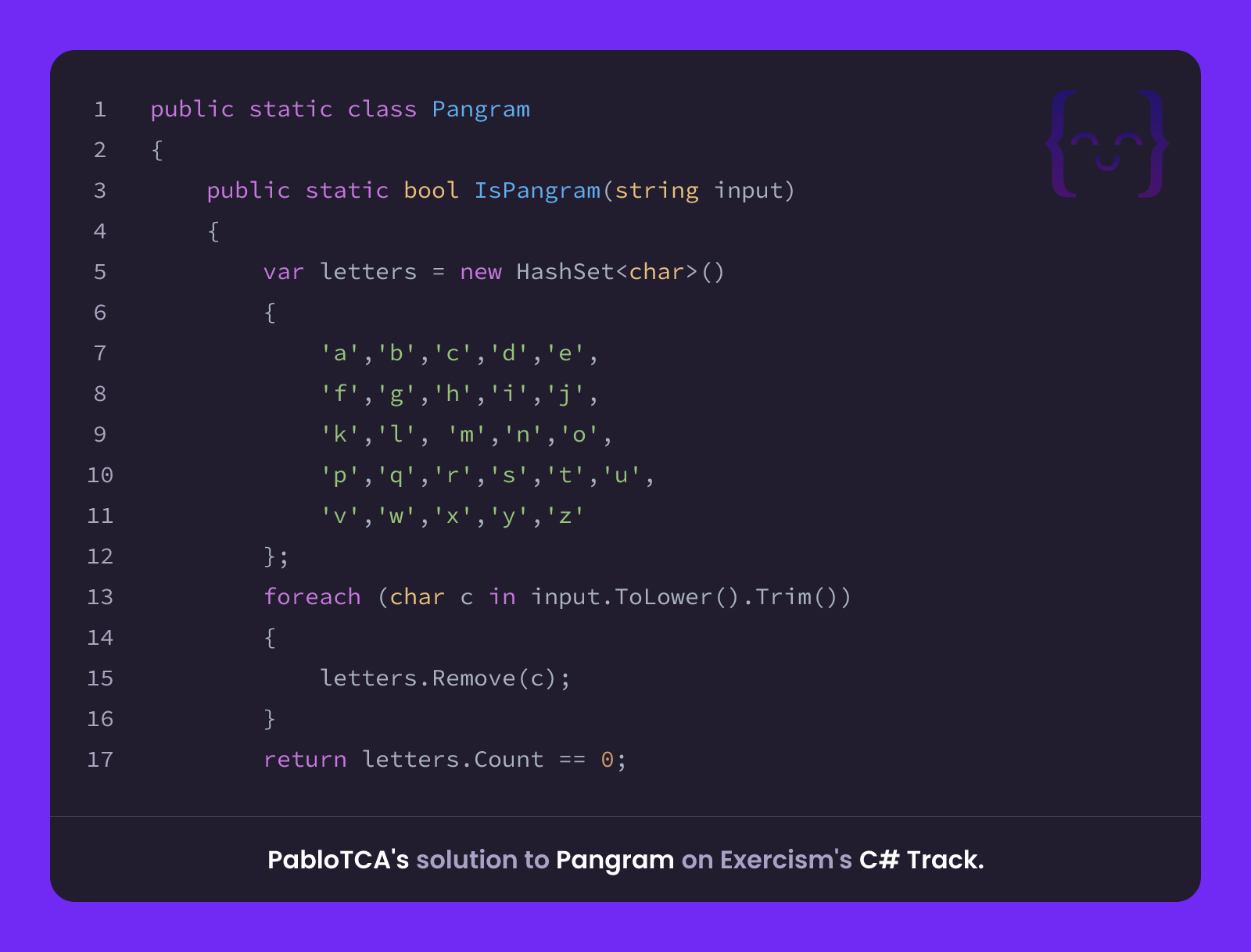 PabloTCA's solution for Pangram in C# on Exercism