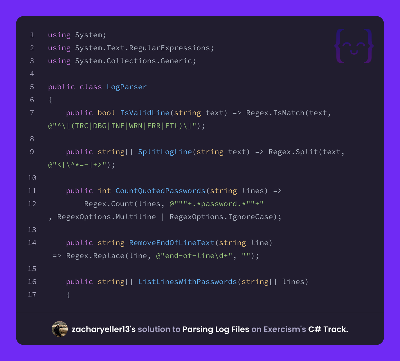 zacharyeller13's solution for Parsing Log Files in C# on Exercism