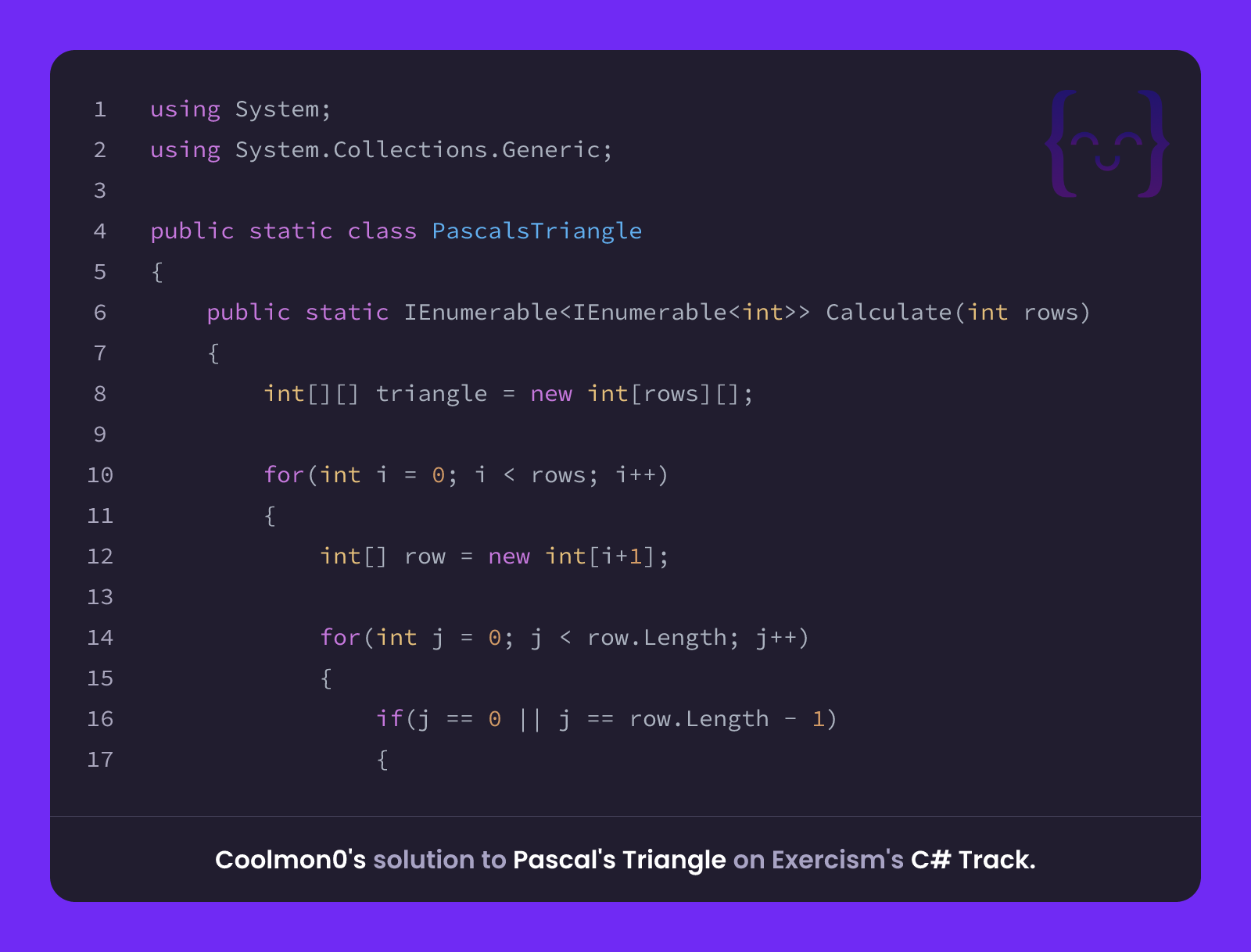 Coolmon0's solution for Pascal's Triangle in C# on Exercism