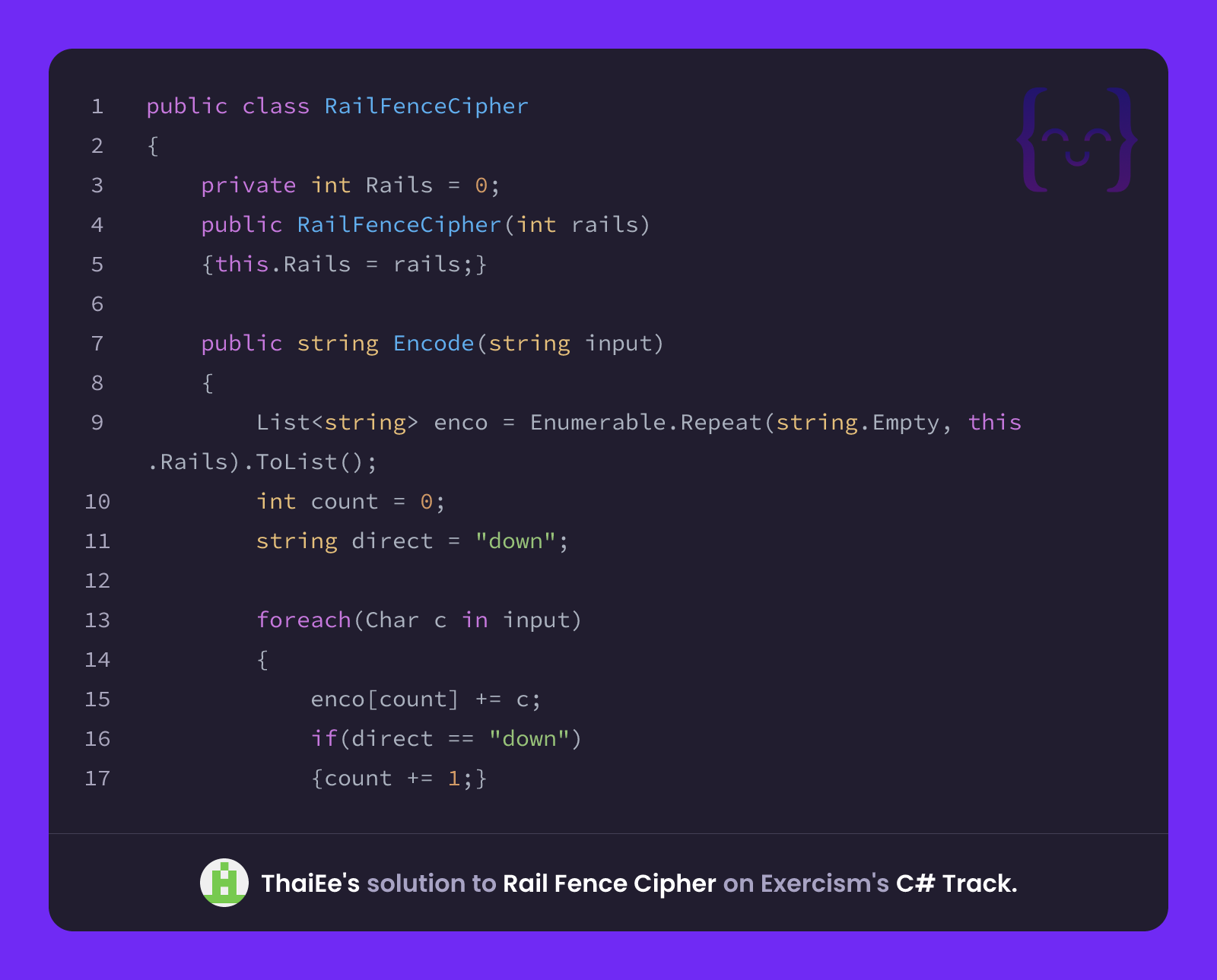 ThaiEe's solution for Rail Fence Cipher in C# on Exercism