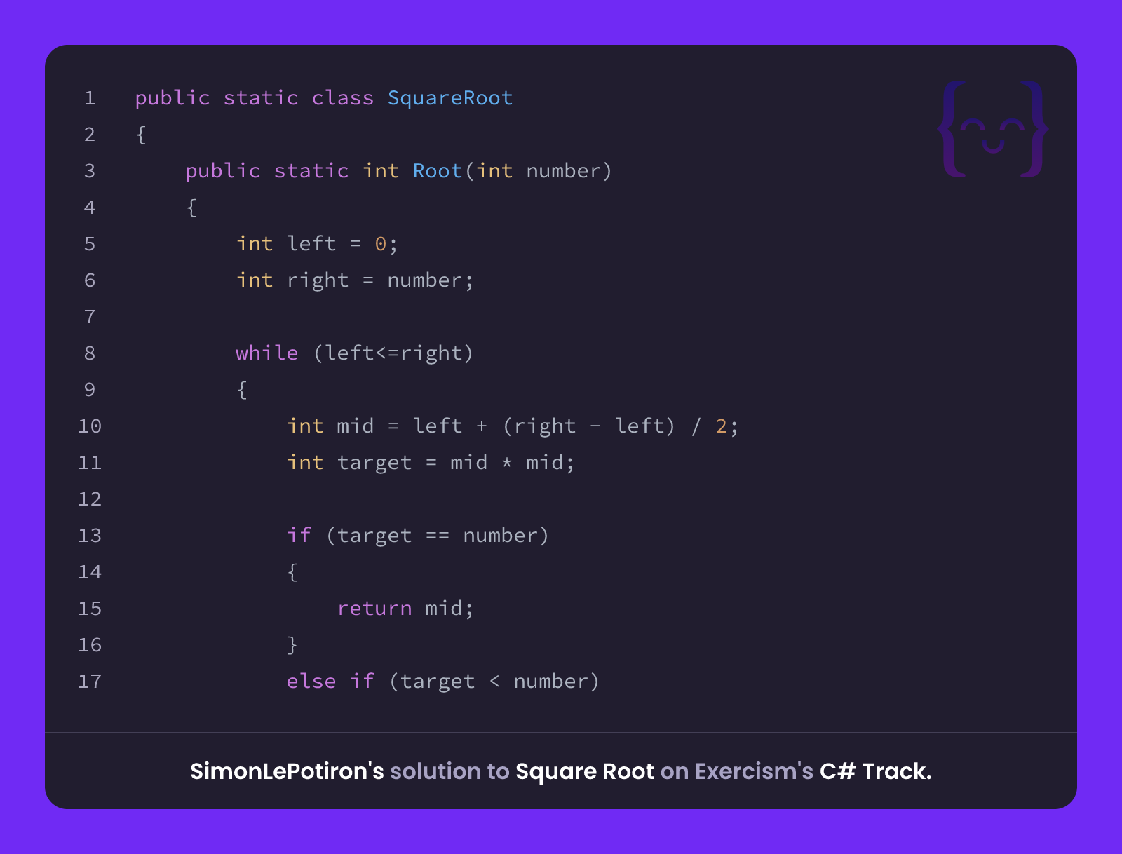 SimonLePotiron's solution for Square Root in C# on Exercism